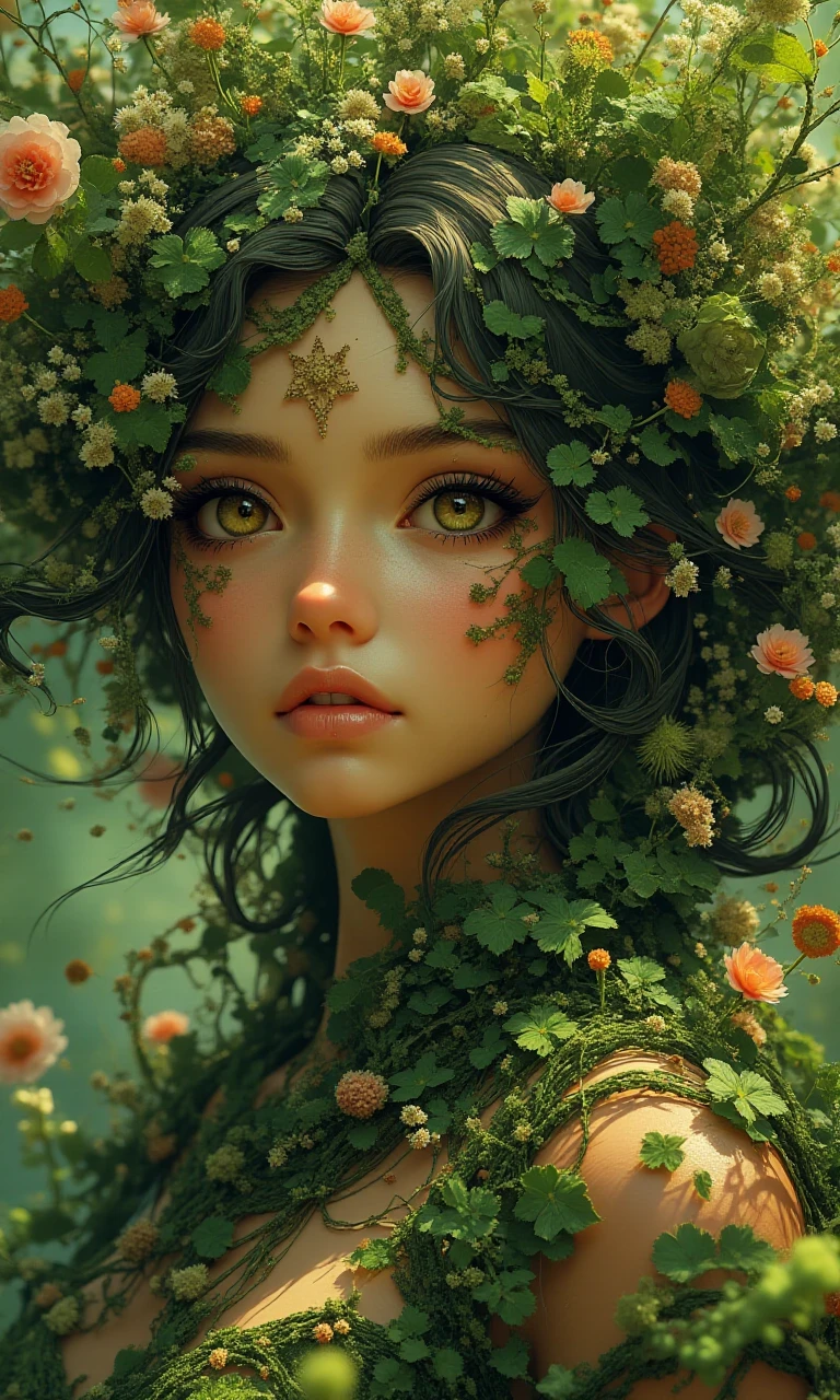 "legendary nature goddess", big hair, plants, vines, earth, flowers, head and shoulders portrait, finely drawn eyes, 8k resolution concept art portrait dynamic lighting hyperdetailed intricately detailed Splash art trending on Artstation Unreal Engine 5 volumetric lighting