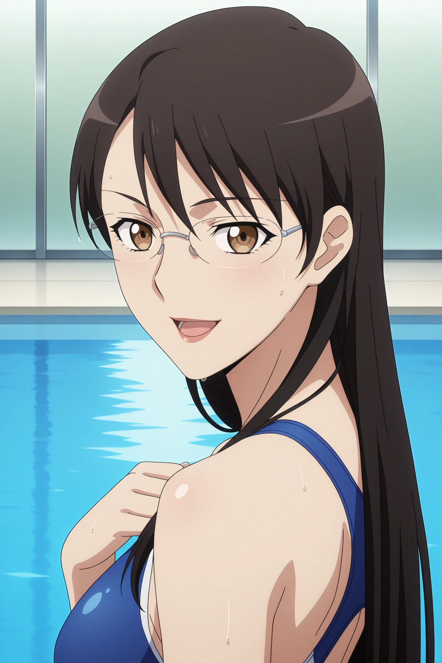 masterpiece, best quality, amazing quality, highres, absurdres, very aesthetic, high resolution, ultra detailed, perfect details, 1girl, solo, indoors, pool, kikuchihara aki, black hair, very long hair, straight hair, swept bangs, brown eyes, rimless eyewear, competition swimsuit, blue swimsuit, <lora:Aki_Kikuchihara_ILXL:0.8>, (aged up:1.4), (upper body), smile, (pose:1.1), anime screencap, open mouth, wet, sweat, looking at viewer