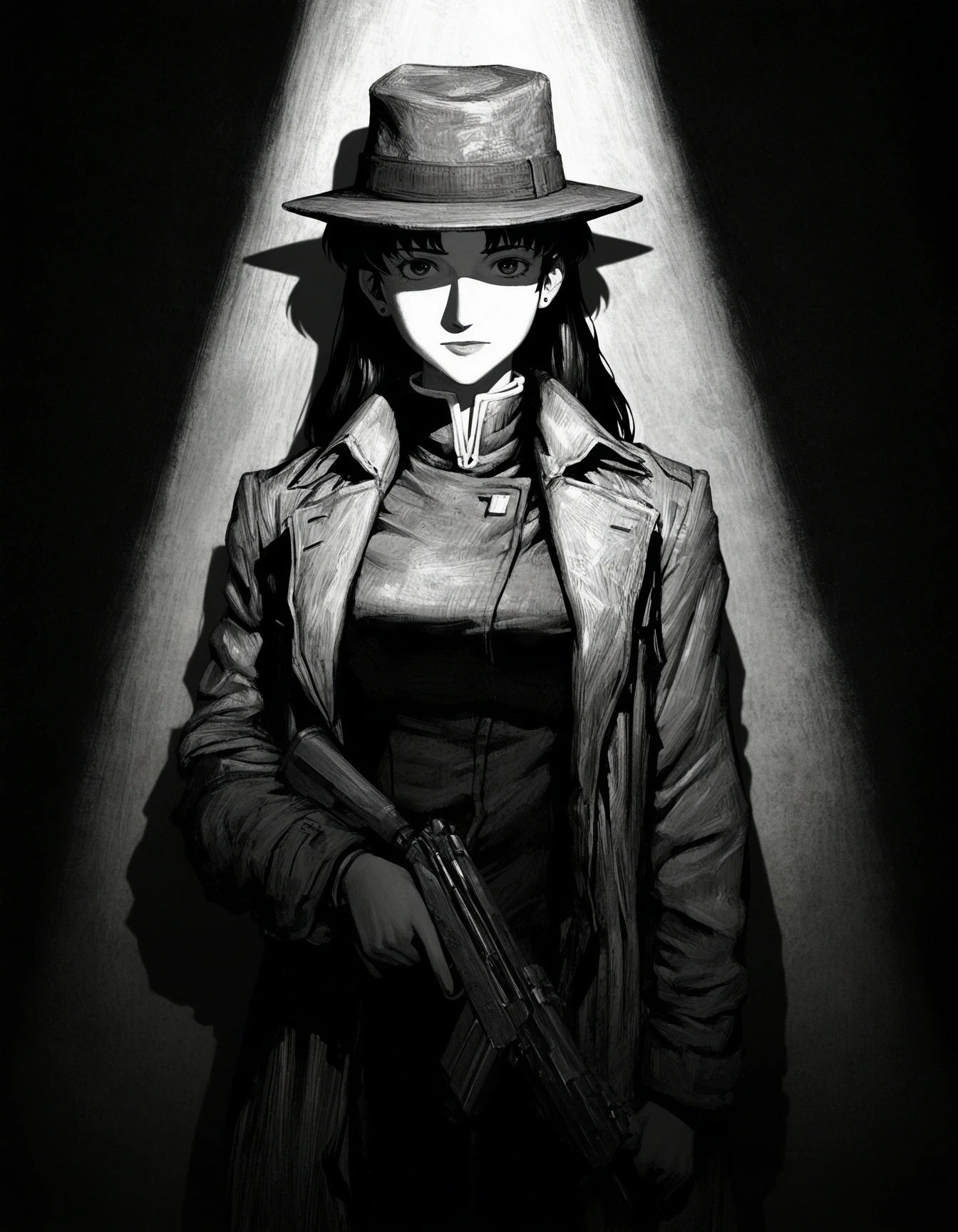 1girl, katsuragi misato, greyscale, cowboy shot, sideways glance, trench coat, holding gun, h&k usp, shadow, chiaroscuro, high contrast, fedora, spotlight,  (oil painting \(medium\), traditional media,:0.85) masterpiece, best quality, absurdres<lora:chiaroscuro_illus01_2a.safetensors:1.0>