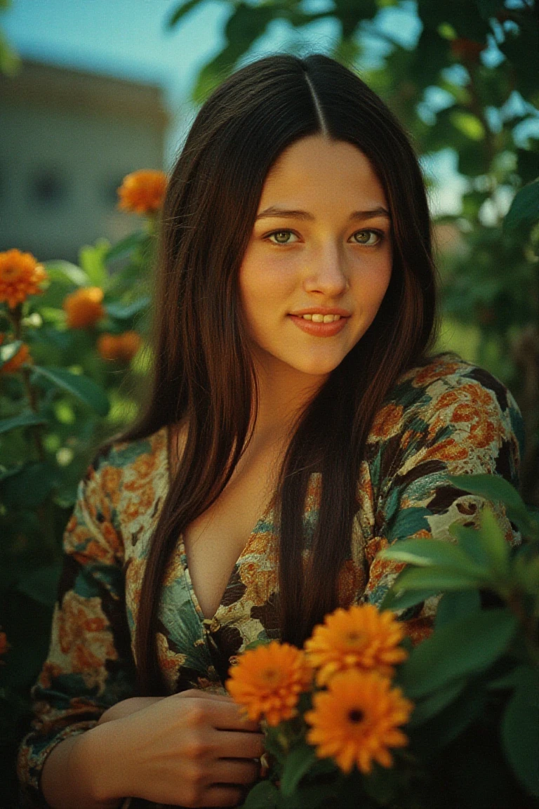 (photo of a woman), editorial photoshoot, close up, in a floral garden, shot on film camera, kodak colors, elegant pose, perfect lighting, beautiful sky showing through the leaves, she is wearing a top with floral prints, beautiful smile, 90mm lens, extremely detailed, in an exotic forest location