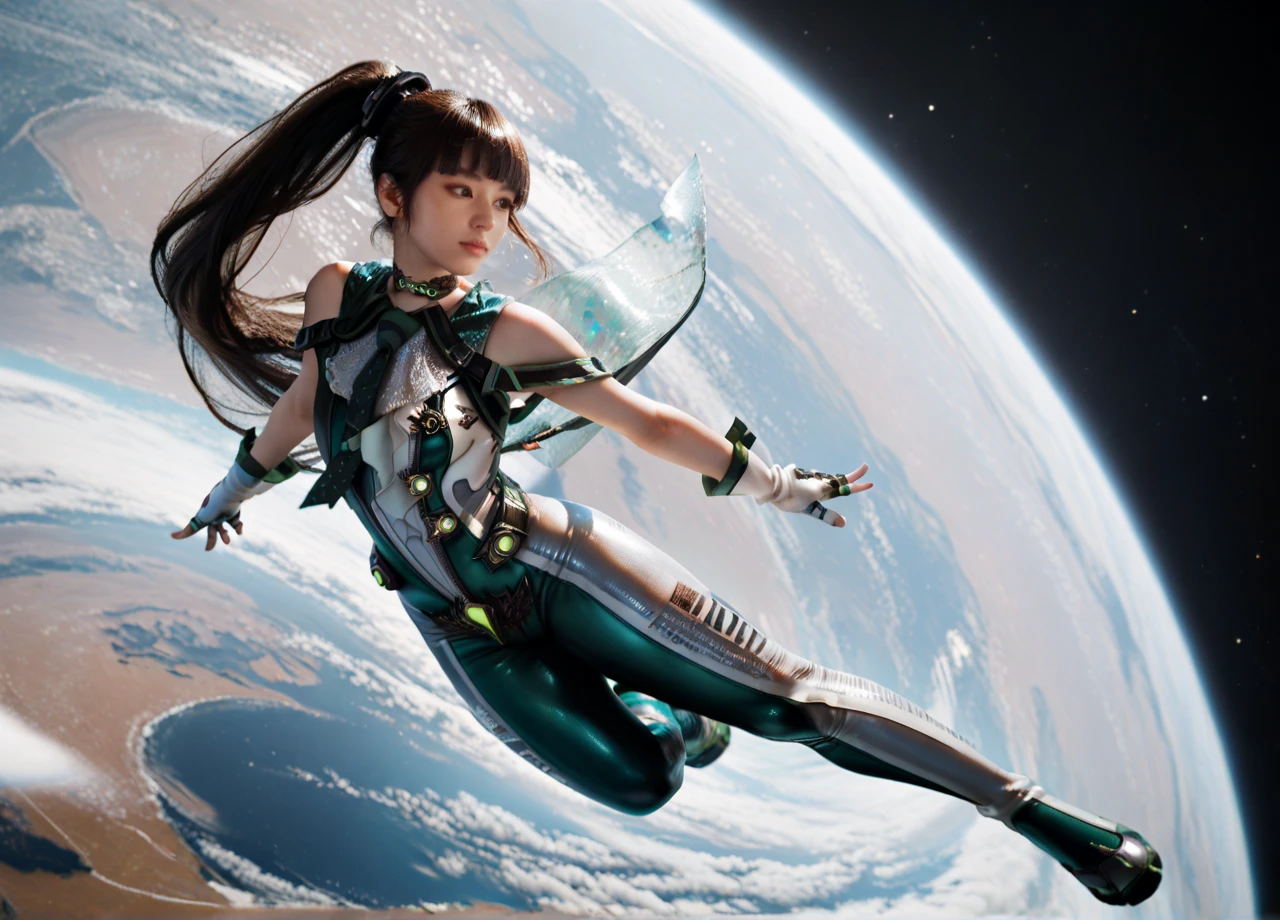 <lora:SB_EVE-PONY:1> sbevedef, 1girl, solo, blunt bangs, long ponytail, brown eyes, bodysuit, fingerless gloves, necktie, choker, space, earth, floating, sideways, photo, score_9, score_8_up, score_7_up, score_6_up,