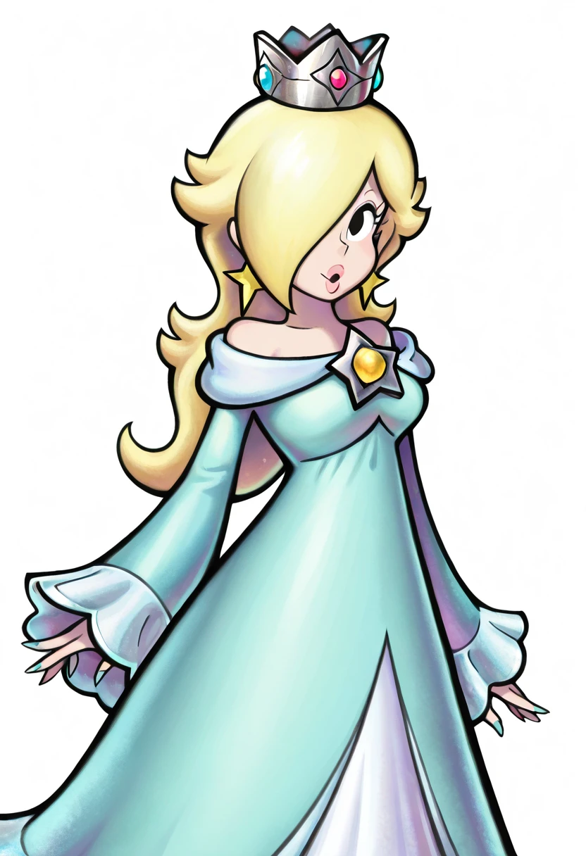 <lora:MarioLuigiStyle-IllusXL:1.1> masterpiece, absurdres, highres, 4k, watercolor, mario & luigi rpg, official art, 1girl, rosalina, hair over one eye, black eyes, crown, bare shoulders, off-shoulder dress, long sleeves, blue dress, long dress, aqua dress, looking at viewer, cowboy shot, white background