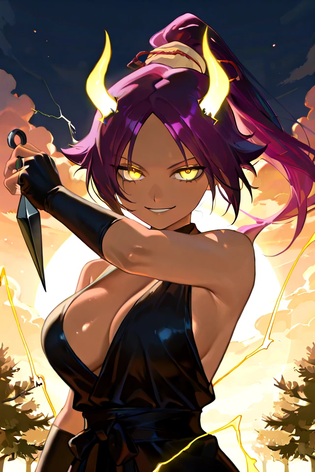 PonyScores, score_9_up, score_8_up, score_7_up, source_anime, 1girl, solo, (shihouin yoruichi), (purple hair), (yellow eyes), dark-skinned female, (big breasts), long hair, high ponytail, hair tie, animal ears, tail, (electrokinesis), (electricity), (convenient censoring), standing, looking at you, seductive smile, outdoors, sexy, parted lips, full lips, (golden electricity), (glowing electricity), backlighting, blue sky, day, sun, wind, trees, clouds, moon, night, fog, (detailed eyes), (detailed face), (detailed background), (portrait), detailed landscape, (perfect lighting), (best quality), horizon, (light particles), glowing eyes, anime, (perfect female body), (beautiful eyes and face), (upper body), alternate form, toned female, tanned, slender, black bodysuit, bare shoulders, thigh highs, ponytail, dynamic character design, detailed lips, <lora:ShihouinYoruichiApexAiIllustrious:1>, volumetric lighting, holographic colors, cute, gradient colors, dark background, volumetric lighting, nsfw, ambient occlusion, raytracing, soft lighting, blum effect, absolutely eye-catching, particles, glow, shining, intricate cinematic background, (beautiful face), Putting on a virtual holographic helmet with golden glowing eyes and wielding 2 glowing golden neon daggers while throwing several daggers with the other hand while covering his face in defense position, cyber ninja wear, from front, detailed background, dynamic ninja pose, ring, see-through, gloves, jewelry, cyberpunk shrine, shrine background, neon straight virtual cyber horns, wide sleeves, red eyes, lace, (glowing kunai:1.5), neon kunai, glowing, zPDXL3, detailxl,
