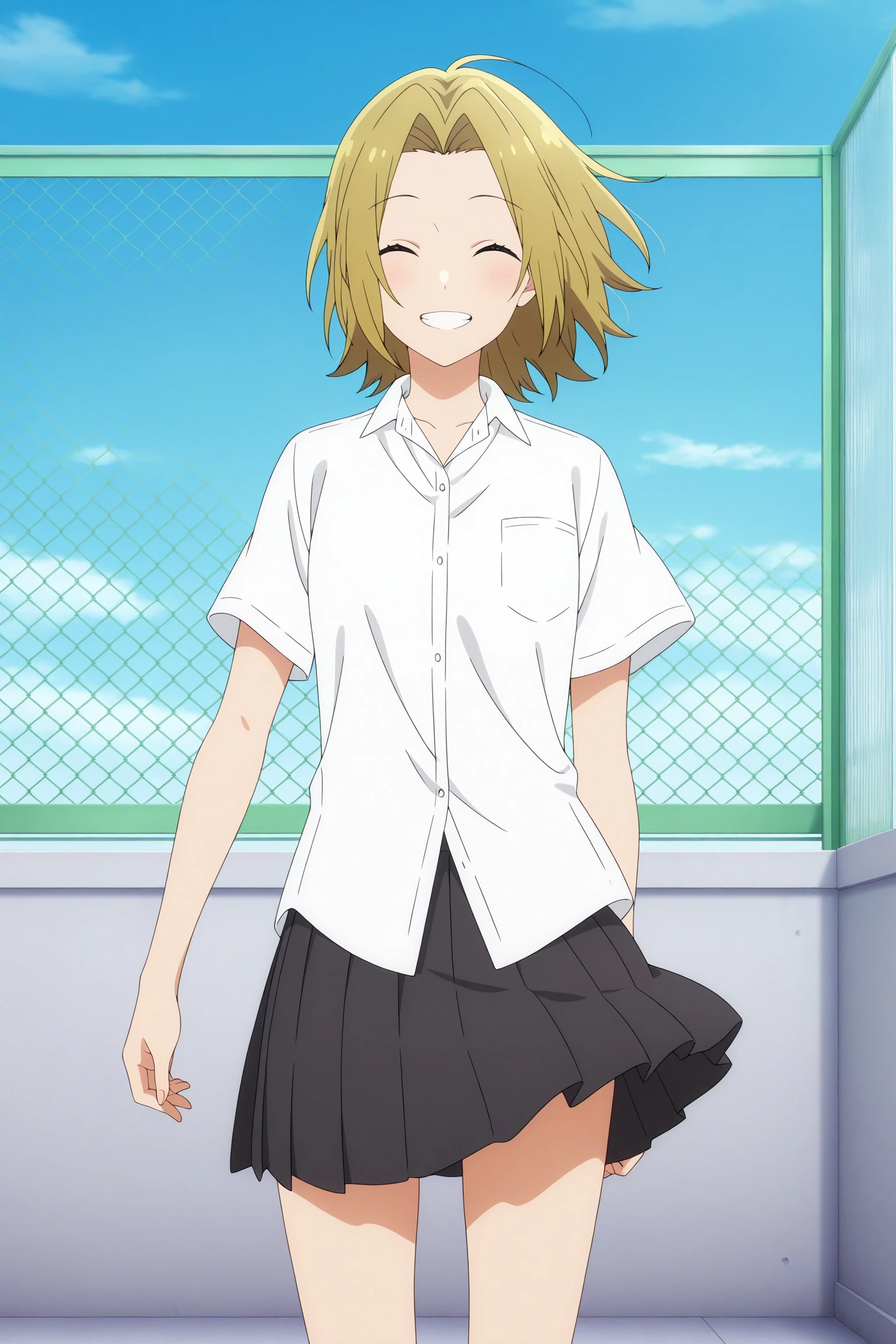 masterpiece, best quality, amazing quality, highres, absurdres, very aesthetic, high resolution, ultra detailed, perfect details, 1girl, solo, outdoors, school, rooftop, chain-link fence, yoshikawa yuki, blonde hair, short hair, curtained hair, closed eyes, short sleeves, white shirt, collared shirt, untucked shirt, black skirt, pleated skirt, black socks, kneehighs, loafers, <lora:Yuki_Yoshikawa_ILXL:0.8>, (aged up:1.3), looking at viewer, (cowboy shot:1.2), smile, anime screencap, wind, floating hair, teeth