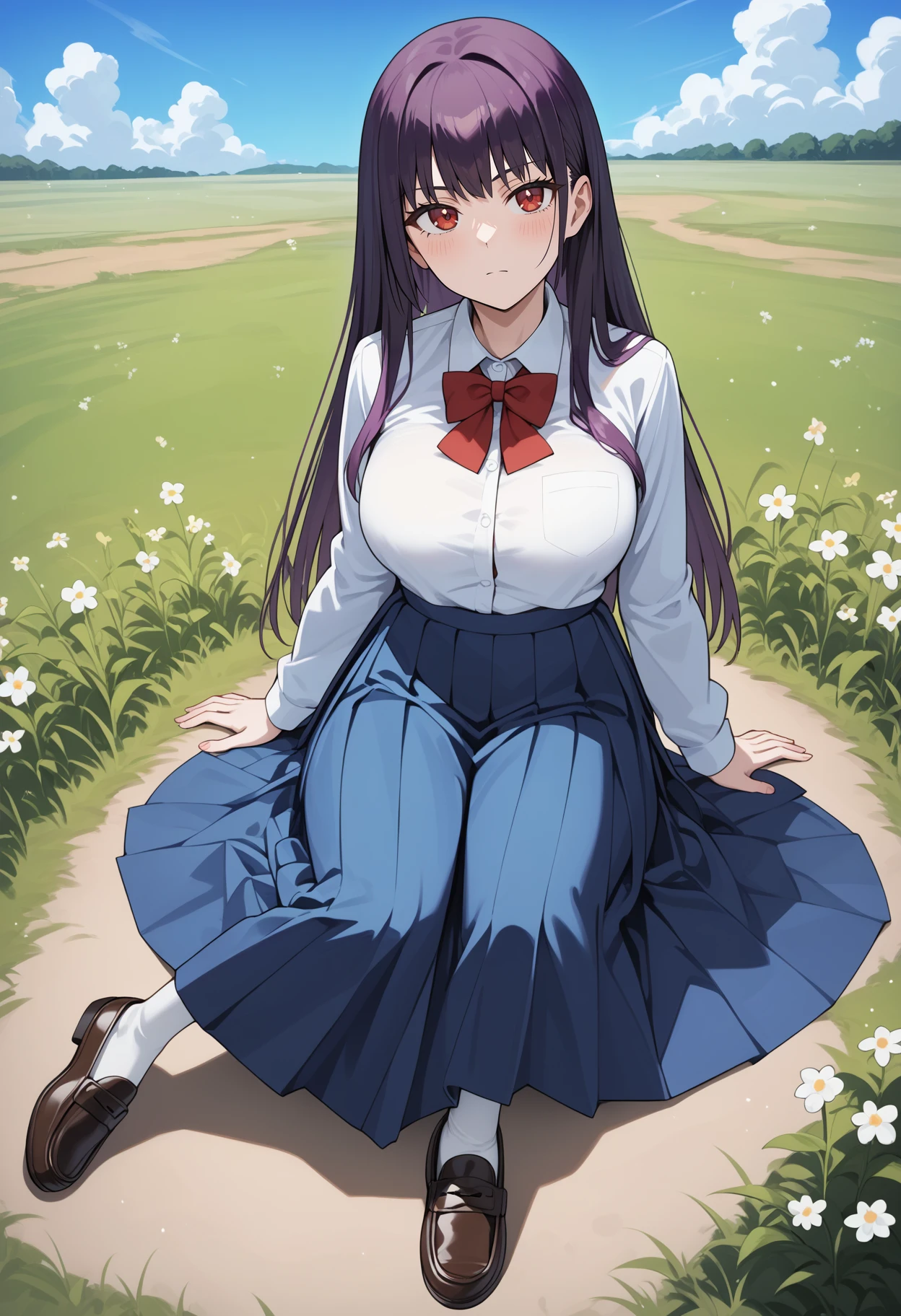 score_9, score_8_up, score_7_up, score_6_up, score_5_up, score_4_up, source_anime, aasana, long hair, black hair, purple hair, red eyes, large breasts, school uniform, red bowtie, collared shirt, white shirt, long sleeves, shirt tucked in, long skirt, pleated skirt, blue skirt, <lora:sunomiya_sana_ponyxl_v1:0.9>, field, on floor, sitting, loafers,