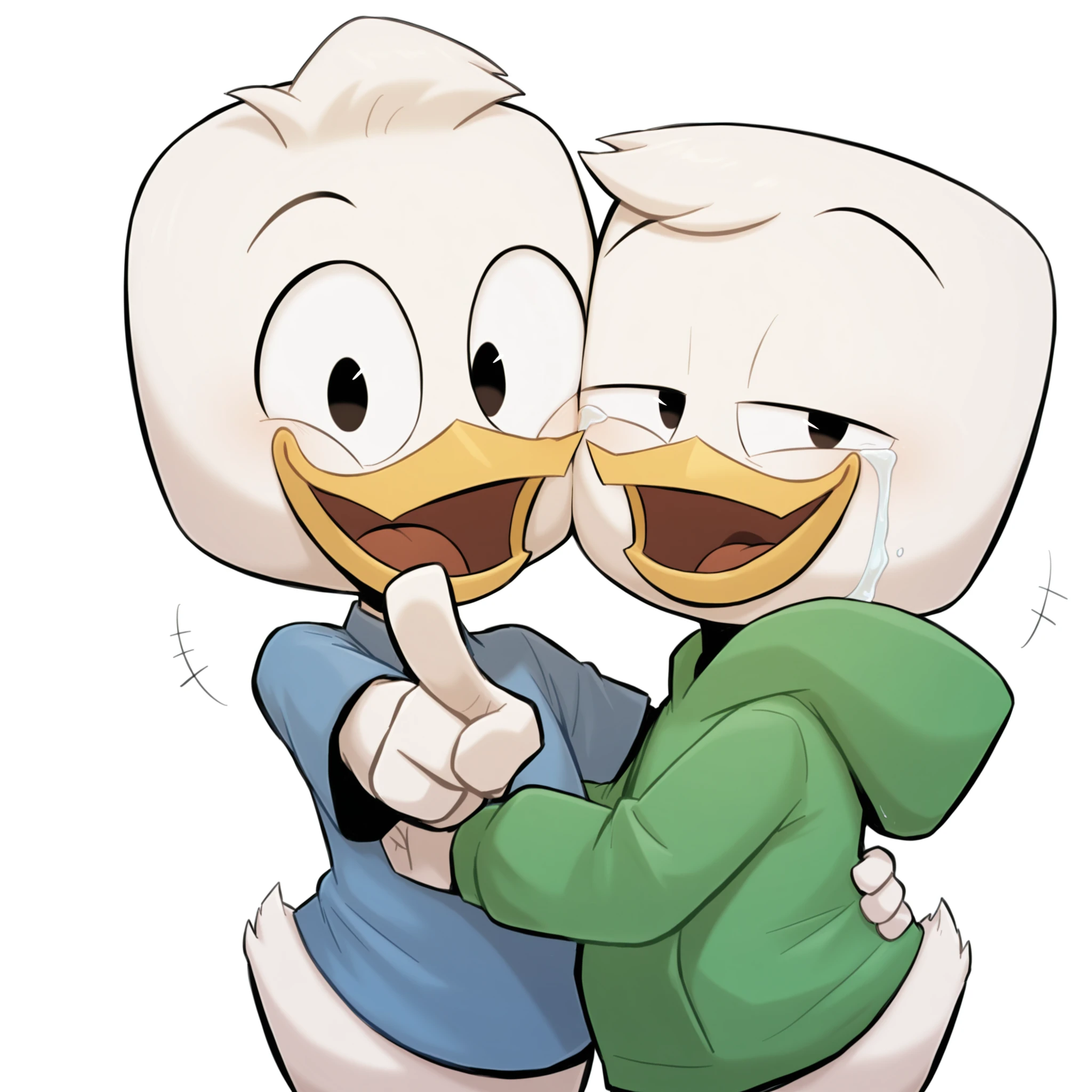 (masterpiece, best quality, very aesthetic, absurdres, artist:sakura,  white background,) 2boys, duo, heads together, young, louie duck dewey duck, blue shirt, long sleeves, short sleeves, beak, black eyes, smug:1.4, (laughing:1.4) tears of joy, upper body, green hoodie, looking at viewer,  white skin, white body, pointing at viewer <lora:Sakura_Style:1>