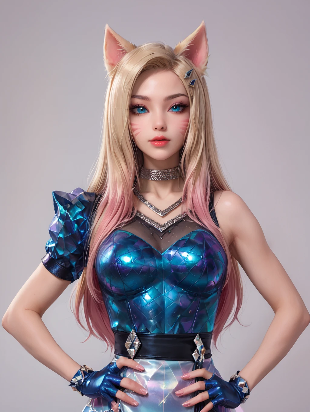 1girl, k/Da (league of legends), ahri, (official k/da), (league of legends), blonde pink hair, fox ears, k/da two-tone outfit, shoulder armor, <lora:AhriPonyV1:0.6>
looking at viewer, hands on hip,