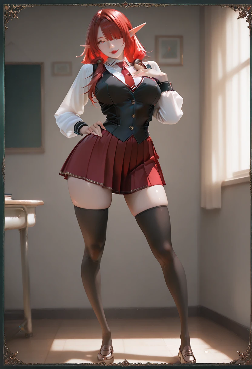 1girl, solo, (Card Border: 1.3), (Elf Female: 1.3), (Long Red Hair Over One Eye with long side bangs: 1.5), (Thicc Thighs: 0.8), (Thicc Calves: 0.8), (Big Ass: 0.8), (Slightly Plump: 0.8), petite, Curvy, (Red Lipstick: 1.3), (Medium breasts: 1.3), (bblblk, school uniform, red necktie, red skirt, shoes, black thighhighs: 1.3), (Standing, hand on hip, hand resting on top of chest, legs spread, in a dark classroom at night with light from the moon shining through the window: 1.3), (From Front: 1.7), Cowboy shot: 1.3, Eyes half open, looking at viewer, mouth closed: 1.3, Dark Lighting, Lowkey Lighting, Dark Colors, highly detailed masterpiece, High_Resolution_Textures, (stunning design:1.2), (stunning concept design), Intricately_Detailed_design, Legendary_masterpiece, Realistic_texturing, ultra_soft_texturing, Complex_texturing, Insanely_Flawless_Details, Legendary_Details, Full_Color_scheme, Detailed_color_scheme, Complex_colors, Complex_details
<lora:StS-Illustrious-Detail-Slider-v1.0:4.5>  <lora:Earthbound_-_Bible_Black_Outfit_-_IllustriousXL:0.7>