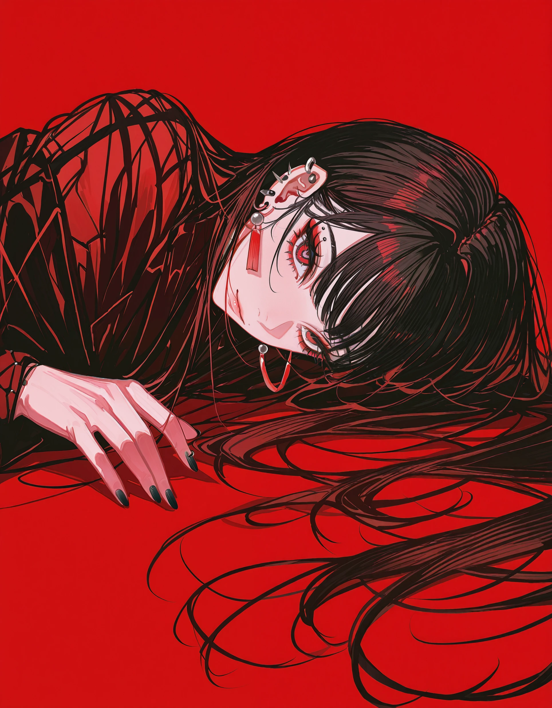 masterpiece, best quality, absurdres,  <lora:kafka02_illu:1>,kafka02_illu, 1girl, solo, black hair, black nails, jewelry, earrings, ear piercing, looking at viewer, piercing, bangs, nail polish, red background, lying, long hair, red theme