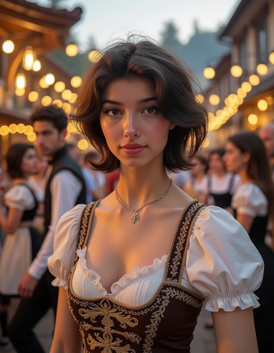 **Prompt:**
A woman with stands proudly in front of a traditional Bavarian backdrop. She wears a intricately detailed dirndl attire, complete with delicate lace and embroidery, perfectly capturing the essence of Oktoberfest.
The camera captures her from a 45-degree angle, emphasizing her slender neck and shoulders as she gazes directly at the viewer. Soft, warm light from a nearby lantern casts a flattering glow on her skin, accentuating her high cheekbones and full lips.
In the background, the real Oktoberfest festivities unfold: revelers in traditional attire dance and sing around tables laden with steins of beer, while others play lively tunes on accordions and brass instruments. The atmosphere is electric, with vibrant colors and sharp lines that create a sense of depth and dimensionality.
As the camera lingers, it becomes clear that this woman is not just any festival-goer â she's the star of the show. Her dirndl attire is immaculately detailed, from the intricate patterns on her apron to the delicate flowers in her hair. Every stitch, every thread, every detail is meticulously rendered, creating a photorealistic masterpiece.
In a stunning double exposure effect, the woman's image is superimposed over a blurred background of revelers and festivities, creating an otherworldly sense of presence. The result is a truly cinematic scene that transports the viewer to the heart of Oktoberfest.
**Technical Specifications:**
* Resolution: 16k UHD
* Aspect Ratio: 1:1
* Frame Rate: 24fps
* Color Space: Rec. 2020
* Lighting: Soft, warm natural light with subtle highlights and shadows
This image is a true masterpiece, showcasing the artist's skill and attention to detail in capturing the essence of Oktoberfest. With its ultra-sharp lines, intricate details, and photorealistic quality, it's sure to be an award-winning work that leaves a lasting impression on all who see it.