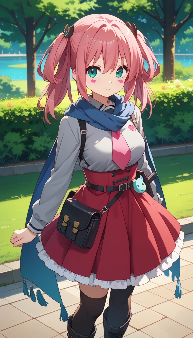 Anime girl in a red dress and blue scarf with a black purse - SeaArt AI