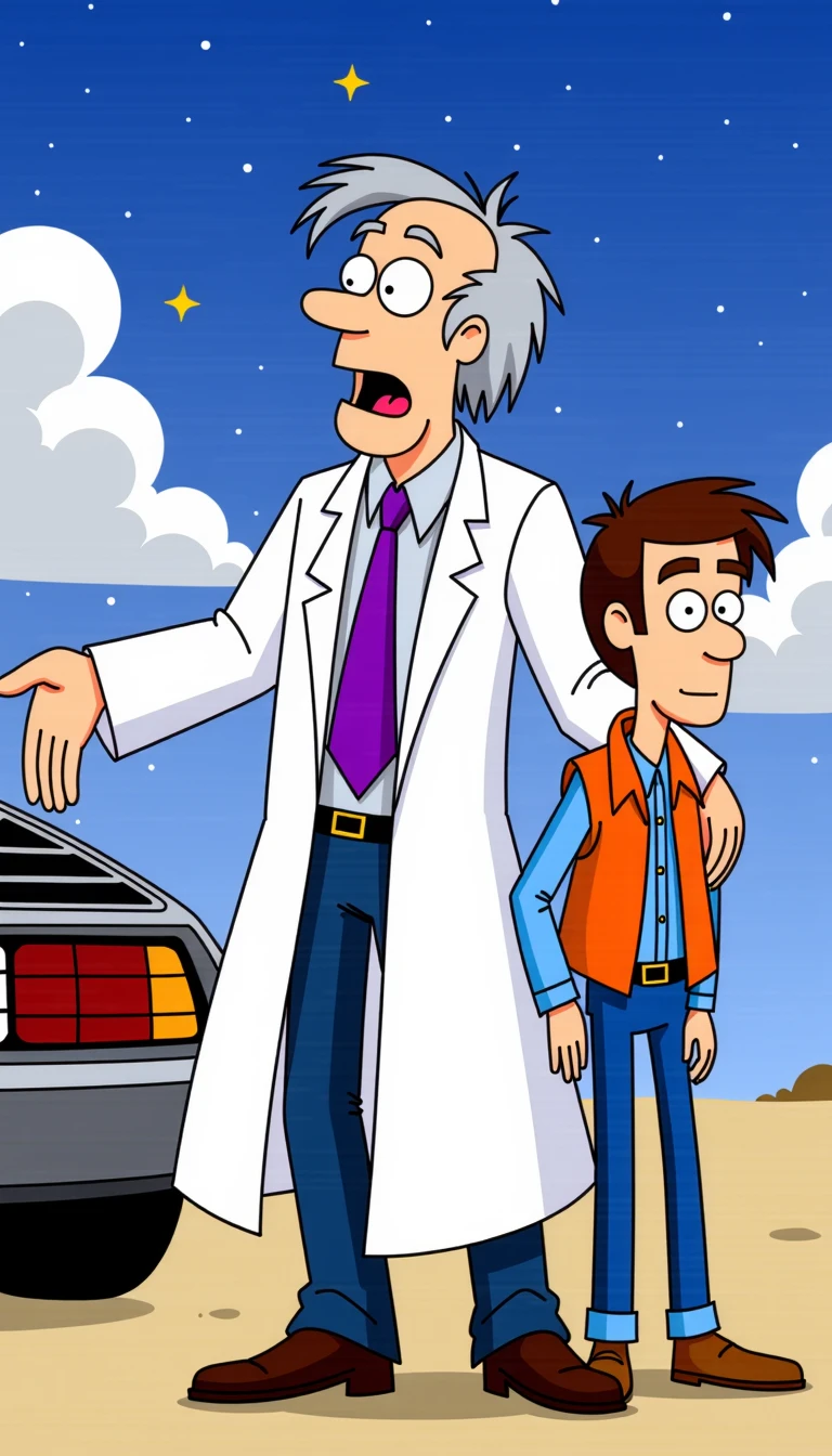 <lora:Everly_Heights_VHS_Dreams_FLUX:1> A cartoon illustration of a Doc Brown from Back to the Future. He is wearing a white lab coat and a purple tie. He has a surprised expression on his face and his arms are stretched out to the sides as if he is shrugging his shoulders. Marty McFly stands next to him, beside the DeLoreon time machine. The background is a blue sky with white clouds and yellow stars.