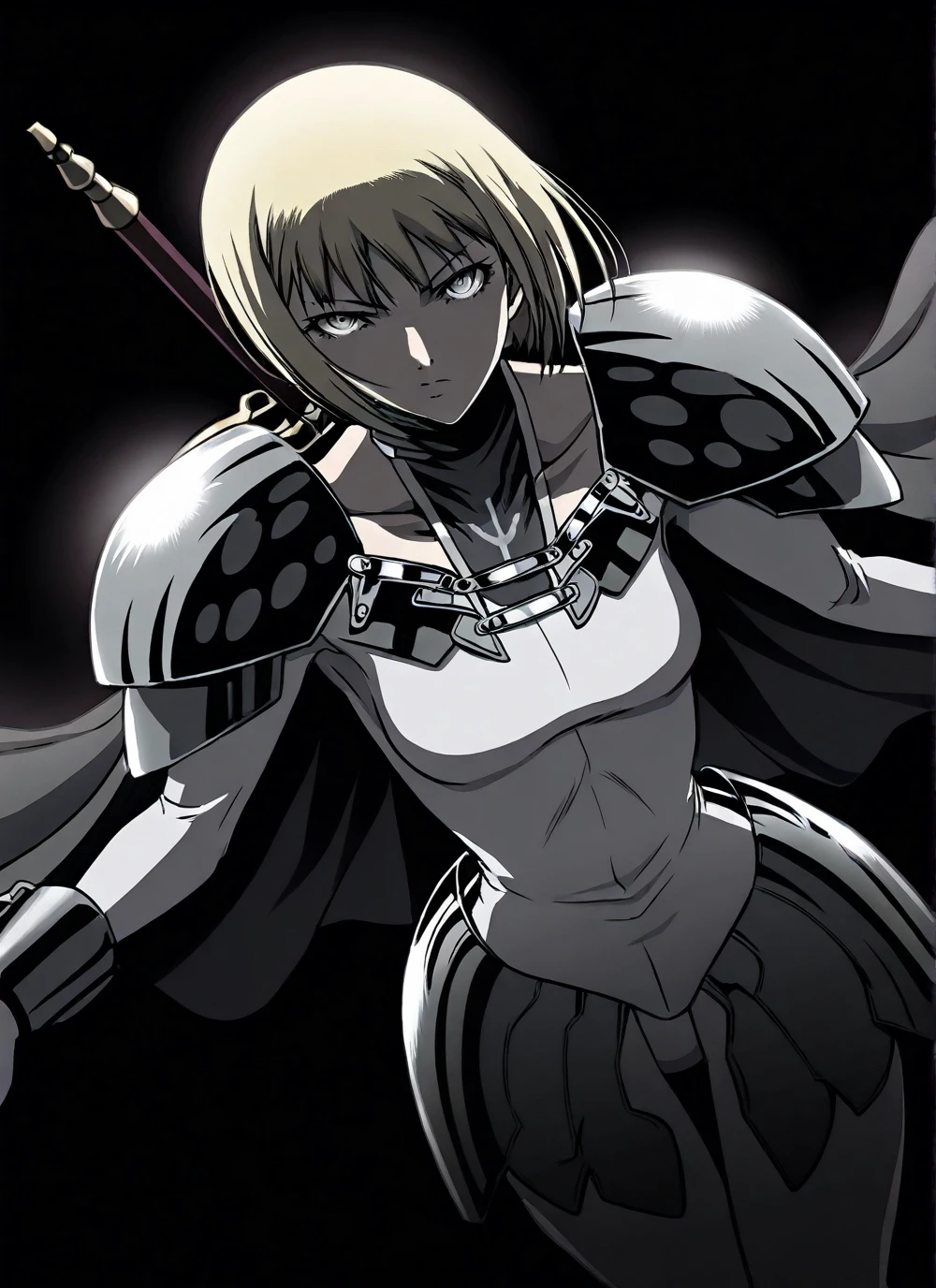 Solo, Clare, Short hair, Blonde hair, Blunt bangs, Grey eyes, White bodysuit, Pauldrons, Cape, white gloves, cuffs, Lower armour, (detailed eyes), collarbone, (insignia), armoured footwear, dynamic pose, serious, dutch angle, dark, sword on back, (black background), backlighting, looking at viewer, best quality, masterpiece