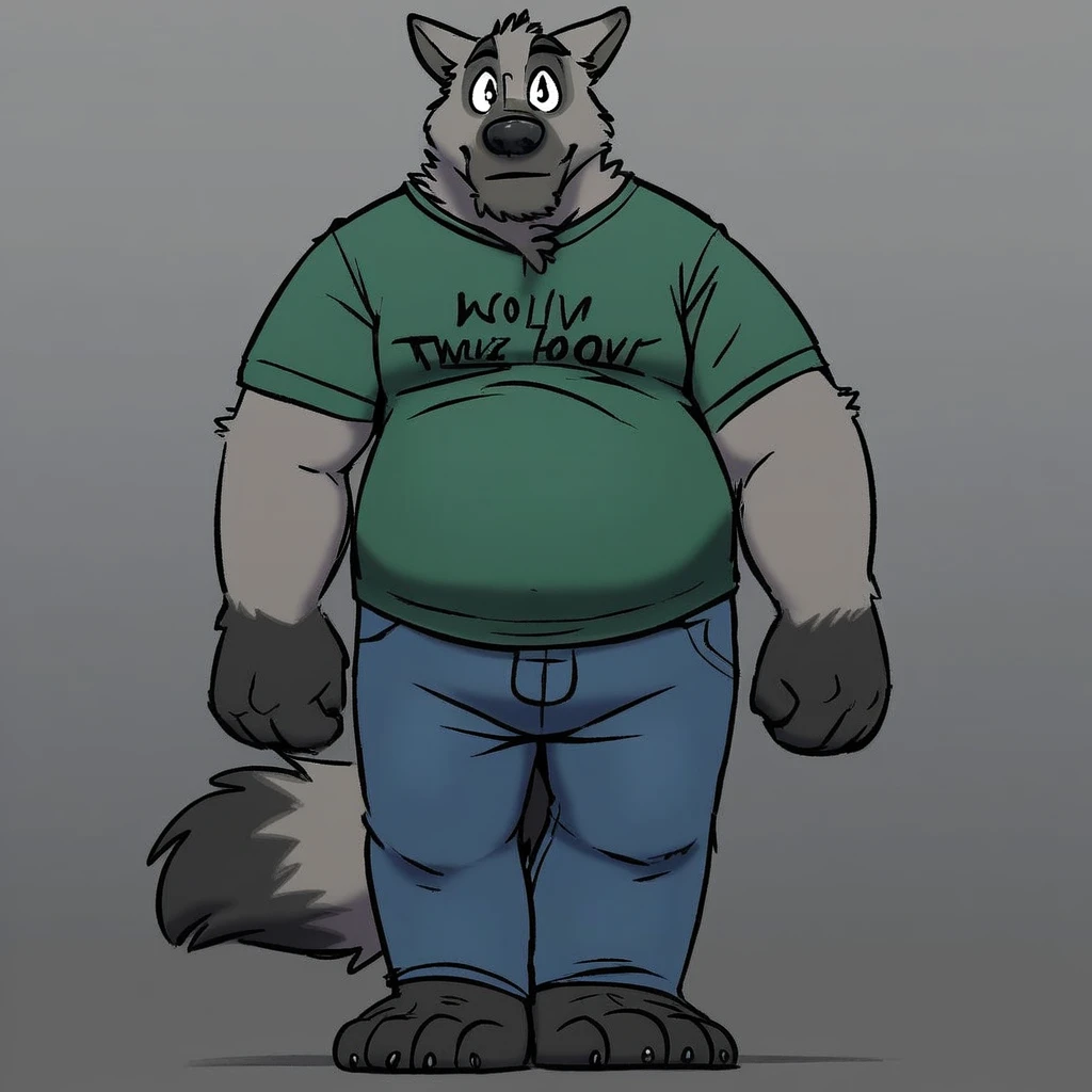 Furry male, male wolf, grey fur, black hands, black feet, chubby, standing, looking at viewer, t shirt, jeans, black tail