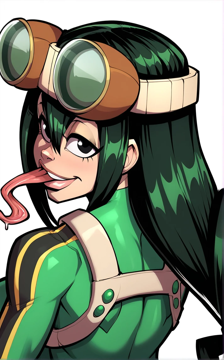 My hero Academia style, Tsuyu Asui from My Hero Academia, smile, squinted eyes, blushing, large waist, large breasts, long tongue, licking a dildo, sweaty