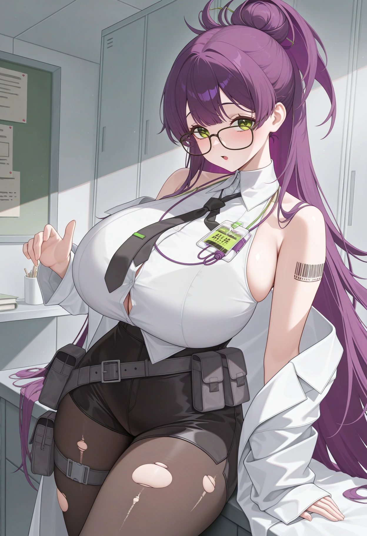 masterpiece, best quality, newest, absurdres, highres, 1girl, solo, <lora:ether-nikke-richy-v1_ixl:1> ether, green eyes, glasses, purple hair, very long hair, ponytail, hair bun, huge breasts, barcode tattoo, white shirt, sleeveless, loose necktie, black necktie, off shoulder, labcoat, black shorts, high-waist shorts, torn pantyhose, black belt, hip pouch, untucked shirt, blush, looking at viewer, open mouth