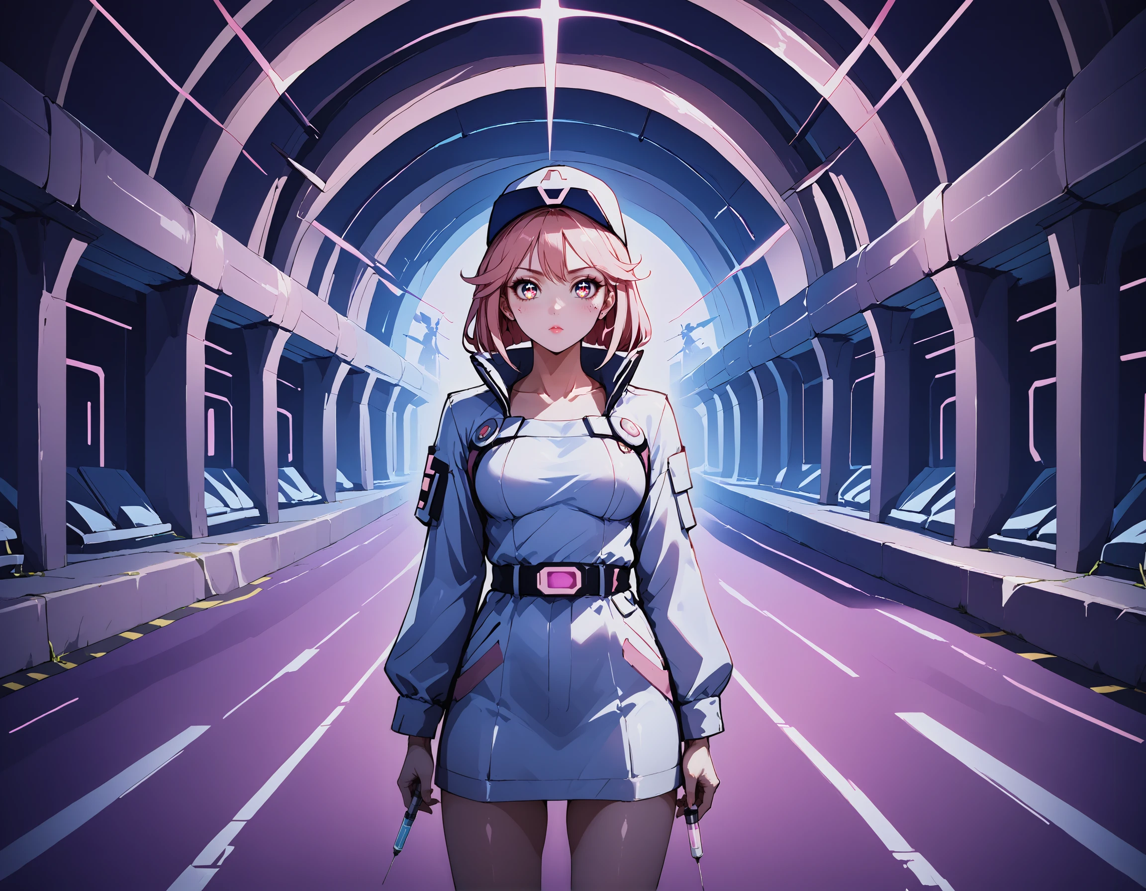 masterpiece, best quality, newest, absurdres, highres, 
injection_fairy_lily, 1girl, tunnel,  baseball_cap, pink eyes, holding_syringe, syringe_holster, samurai_jacket_\(cyberpunk\),