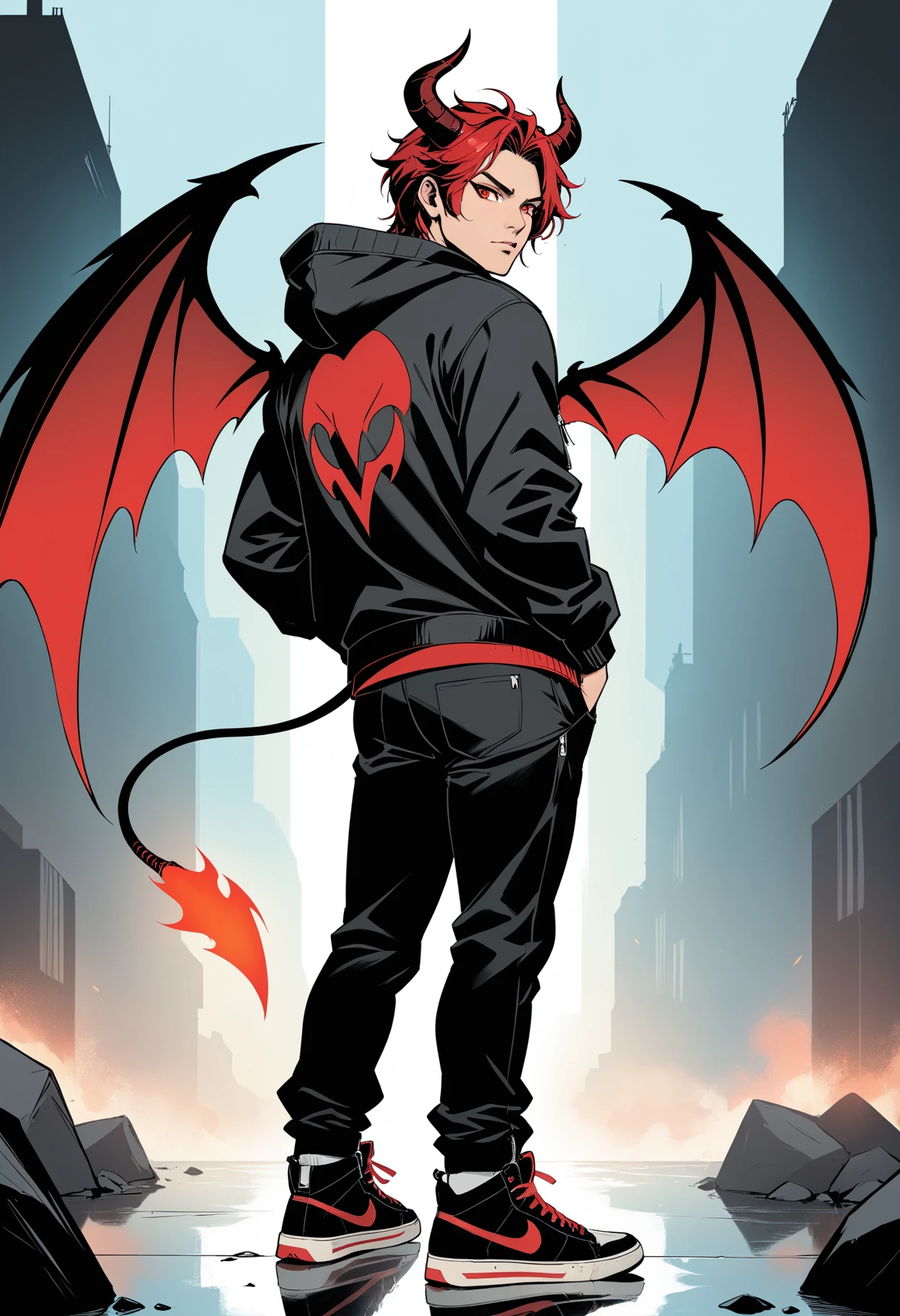 Hell4ineXLPOS looking at viewer, black hair, red eyes, 1boy, solo, solo focus, animal ears, hair between eyes, standing, jacket, tail, male focus, red hair, wings, horns, shoes, looking back, pants, hood, black footwear, black jacket, glowing, black pants, sneakers, hooded jacket, zipper, demon wings, hand in pocket, hands in pockets, outdoors,âââ