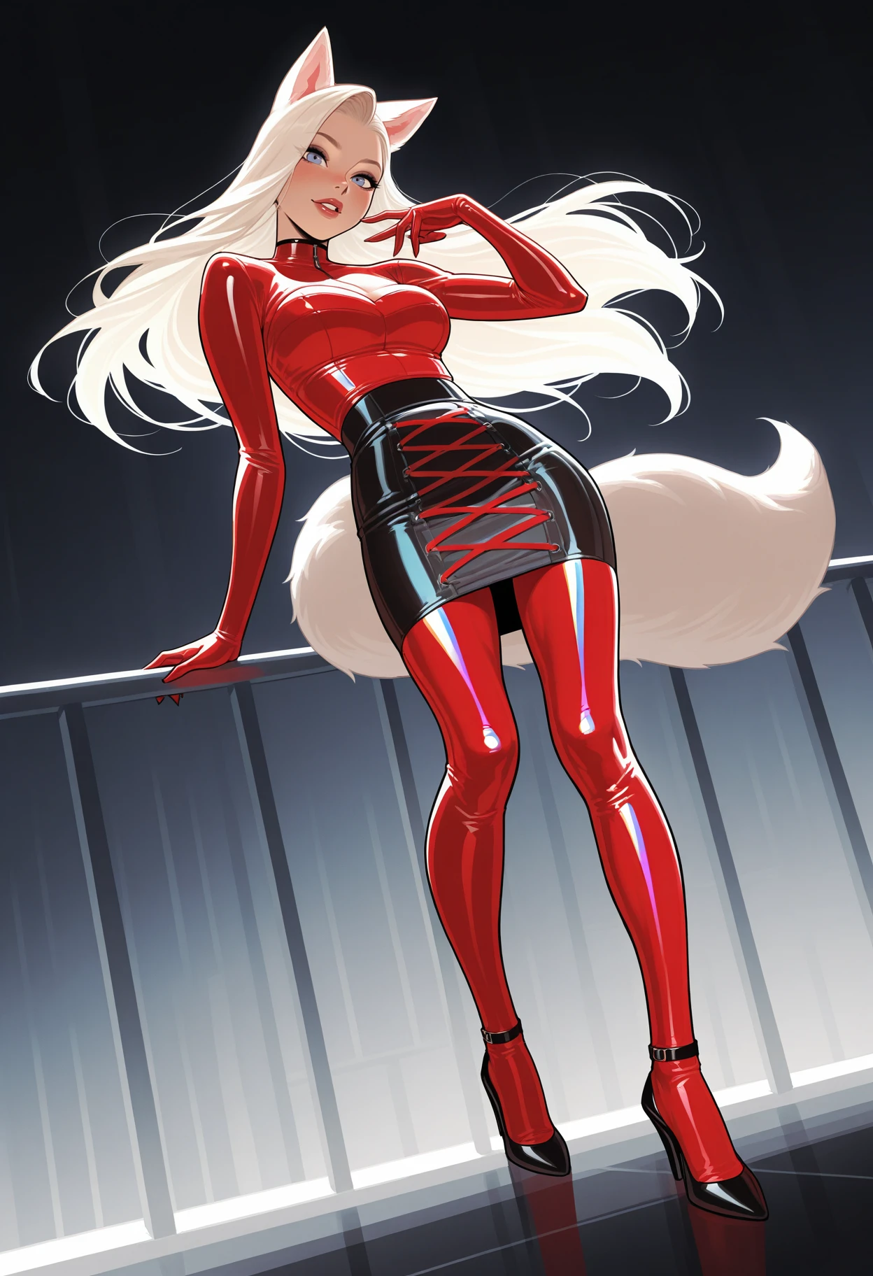 [disney|incase]  1girl, solo, the baddest ahri,full body, high heels, pencil skirt, red clothing,  ((cross-laced iridescent red latex))   <lora:Outfit_soph-CrossLacedSkirt39-ILXL:0.8> posing, dynamic angle, masterpiece, best quality, very aesthetic, newest