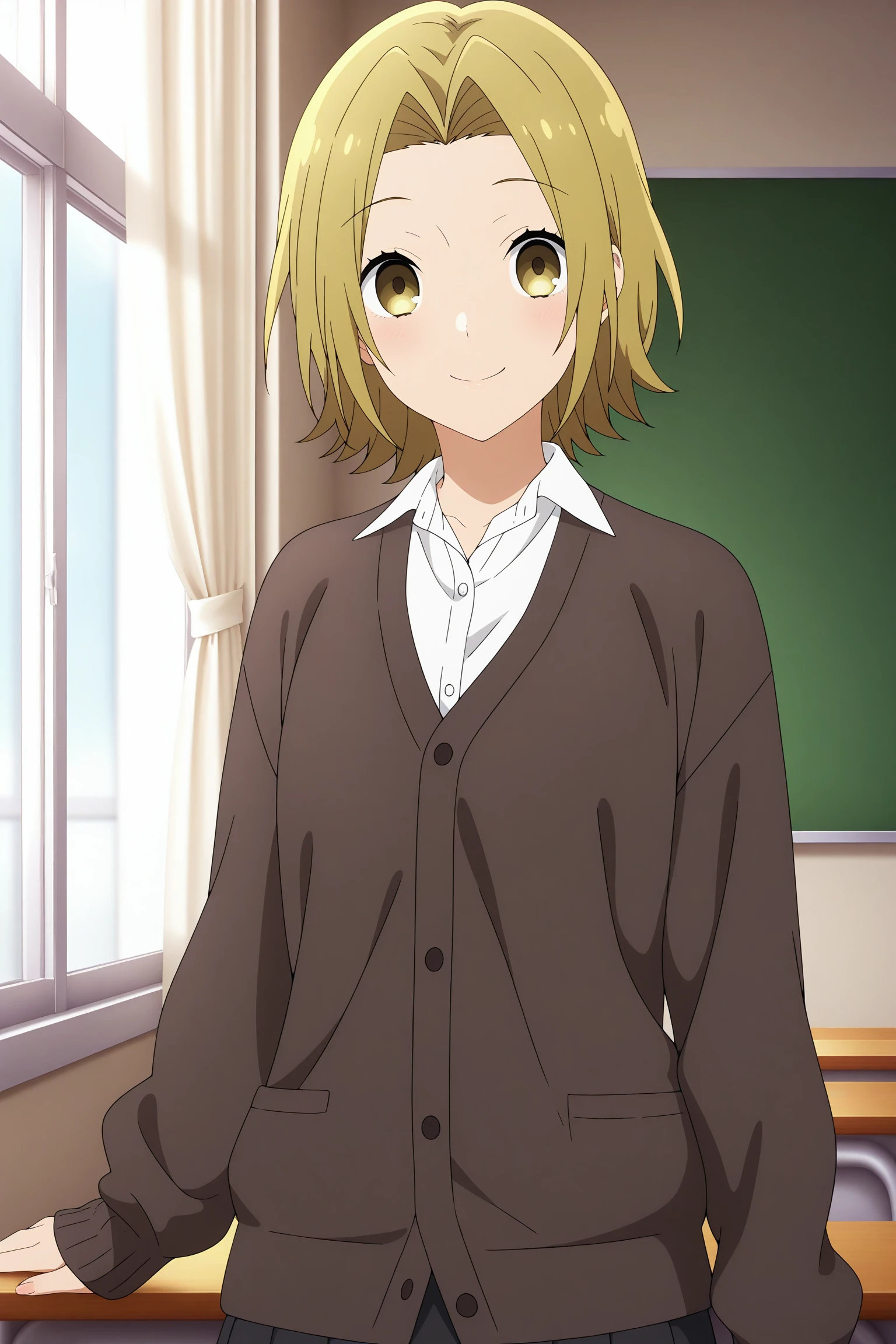 masterpiece, best quality, amazing quality, highres, absurdres, very aesthetic, high resolution, ultra detailed, perfect details, 1girl, solo, indoors, day, classroom, yoshikawa yuki, blonde hair, short hair, curtained hair, yellow eyes, long sleeves, white shirt, collared shirt, brown cardigan, black skirt, pleated skirt, black socks, kneehighs, loafers, <lora:Yuki_Yoshikawa_ILXL:0.8>, (aged up:1.3), looking at viewer, (cowboy shot:1.2), smile, anime screencap