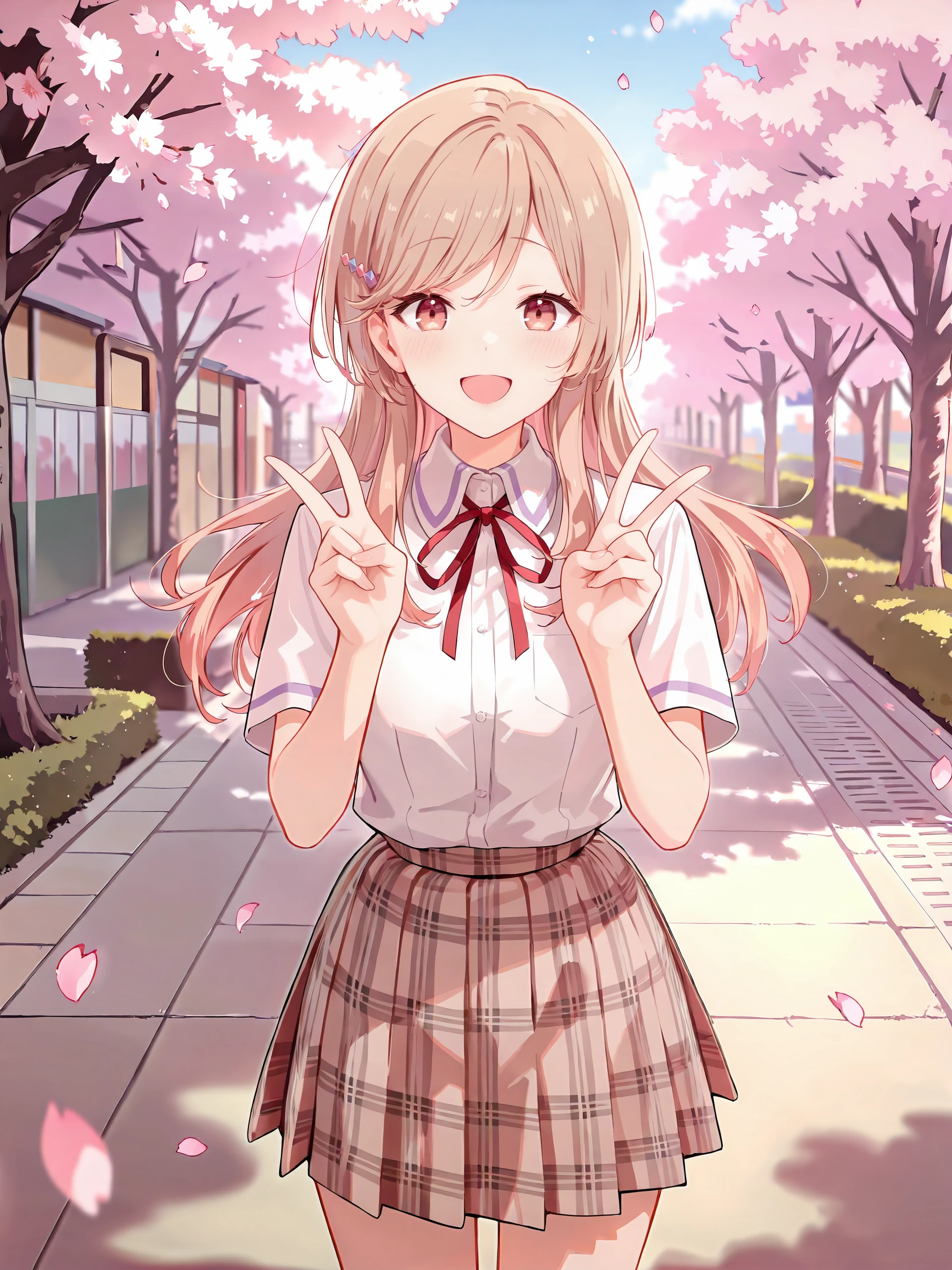 1girl, sena ajisai, hairclip, solo, school uniform, pleated skirt, plaid skirt, white collared shirt, neck ribbon, double v, looking at viewer, smile, open mouth, standing, cowboy shot, outdoors, street, cherry blossoms, petals, depth of field , <lora:Char-Sena_Ajisai-V1-IL:0.9>
masterpiece, best quality, amazing quality, very aesthetic, absurdres, (ask \(askzy\), hiten \(hitenkei\):0.7), perfect features, intricate details, ray tracing, <lora:XL-detailed_notrigger:1:hr=0.5>