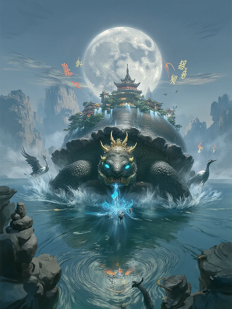 Use an Eastern aesthetic style. A majestic tortoise deity emerges from a sacred lake, its shell adorned with an entire miniature mountain landscape complete with tiny temples and flowing waterfalls. Ancient Chinese characters float around its head like a crown, each character glowing with inner light. The lake's surface reflects a double moon, while ethereal cranes dance through banks of luminous mist. Stone guardians line the shoreline, their eyes occasionally flickering with mysterious blue flames. Floating paper boats carry eternal flames across the water's surface, creating patterns of light and shadow.