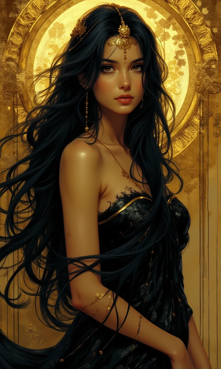 a woman with long black hair in a gold painting, in the style of charlie bowater, dark blue and dark black, michael garmash, comic art, realistic color palette, dark black and beige, soft-focused realism ,, beautiful, detailed, intricate, elegant, highly enhanced, dramatic light, sharp focus, illuminated background, divine, scenic, professional, artistic, attractive, pretty, cute, perfect, innocent, balanced colors, best, romantic, futuristic, stunning, magical, pure, wonderful, delicate, creative, positive, unique, flowing, color, shiny,