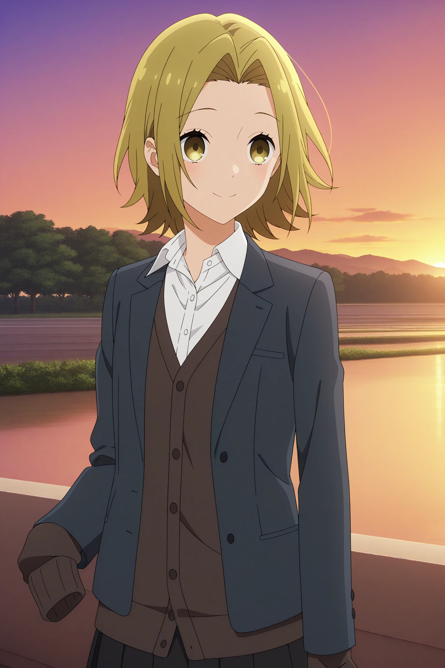 masterpiece, best quality, amazing quality, highres, absurdres, very aesthetic, high resolution, ultra detailed, perfect details, 1girl, solo, outdoors, riverbank, sunset, yoshikawa yuki, blonde hair, short hair, curtained hair, yellow eyes, long sleeves, grey jacket, open jacket, white shirt, collared shirt, brown cardigan, sleeves past fingers, black skirt, pleated skirt, black socks, kneehighs, loafers, <lora:Yuki_Yoshikawa_ILXL:0.8>, (aged up:1.3), (upper body), smile, anime screencap, wind, floating hair, pose