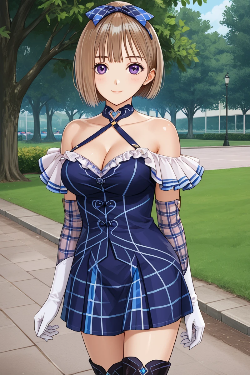 1girl, solo, breasts, looking at viewer, smile, short hair, light brown hair, thighhighs, gloves, dress, medium breasts, purple eyes, boots, Hoshizaki Ao, Reflector outfit, park, tree, park <lora:Hoshizaki_Ao_Blue_Reflection_Pony:1>, navy blue hair bow, chocker,  strap dress,  bare shoulders, off shoulder navy blue frill gown,  tartan elbow gloves, sexy poses, white gloves, cleavage, cowboy shot,