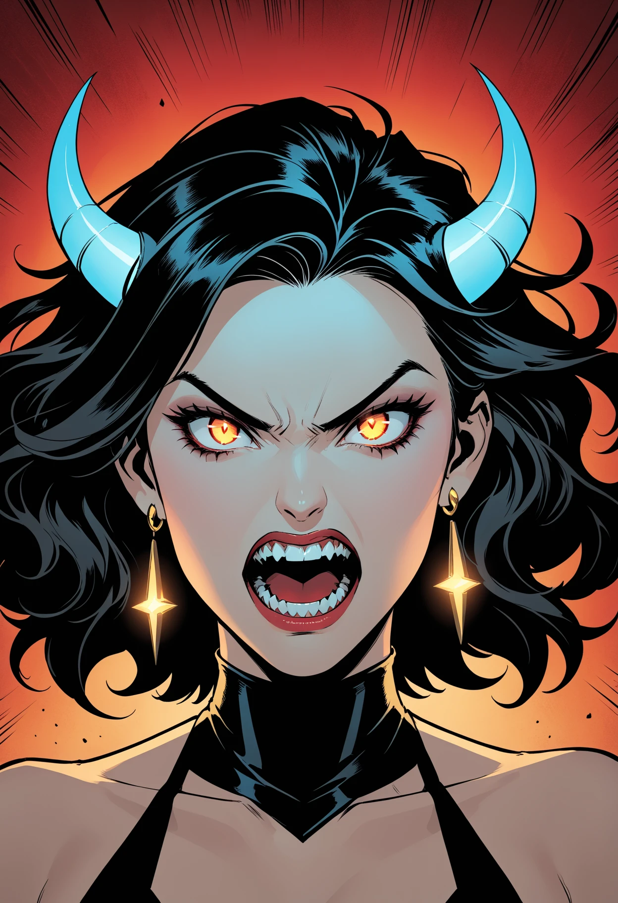 Hell4ineXLPOS 1girl, solo, looking at viewer, open mouth, black hair, jewelry, upper body, earrings, horns, teeth, glowing, fangs, portrait, angry, white eyes,âââ