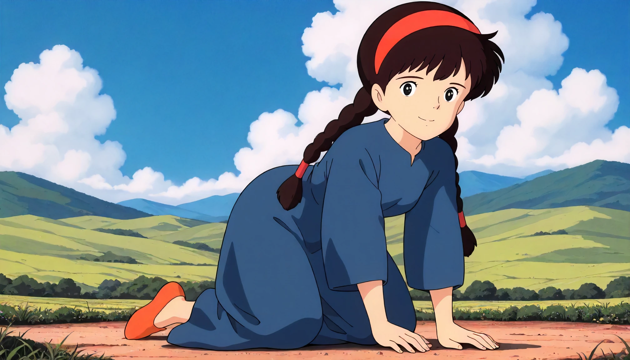 <lora:LCitS_sheetaXLIllustrious005>,
masterpiece,best quality,good quality,newest,
detailed background,blue sky,white cloud,glitter,
smile,
looking at viewer,
solo,
ghibli,anime coloring,retro artstyle,1990s \(style\),
sheeta\(tenkuu_no_shiro_laputa\),1girl,black brown hair,hairband,twin braids,black eyes,
blue dress,one-piece dress,long_sleeves,wide_sleeves,
kneeling,