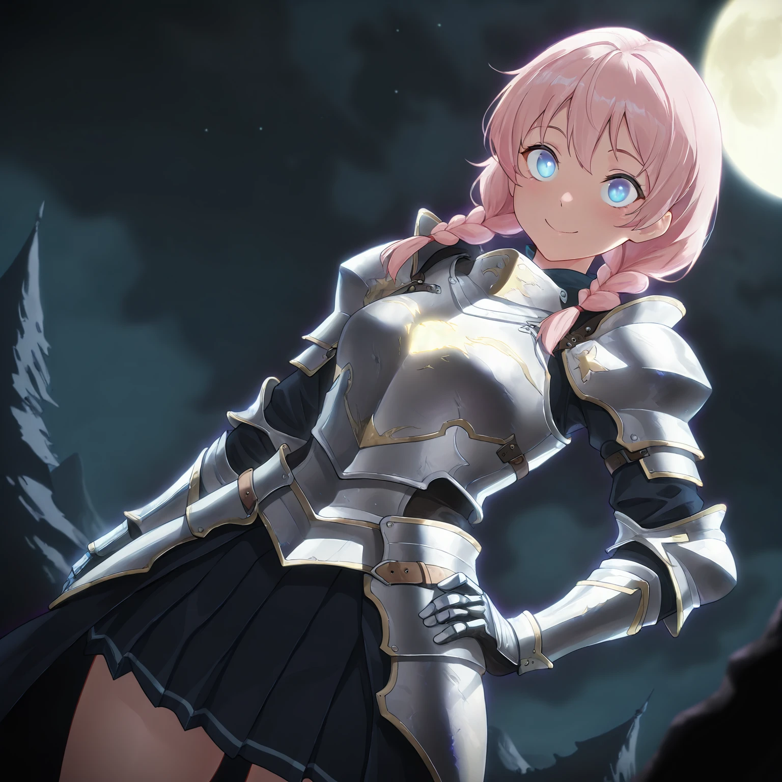 masterpiece,best quality,amazing quality, depth of field, night, full moon, <lora:IL_Shangri-la_Frontier_Lycagon_the_Nightslayer:1.3> shflynsl, glowing, solo, (1girl:1.4), knight, armored dress, pleated skirt, smile, hand on own hip, twin braids, pink hair, blue eyes, dutch angle,