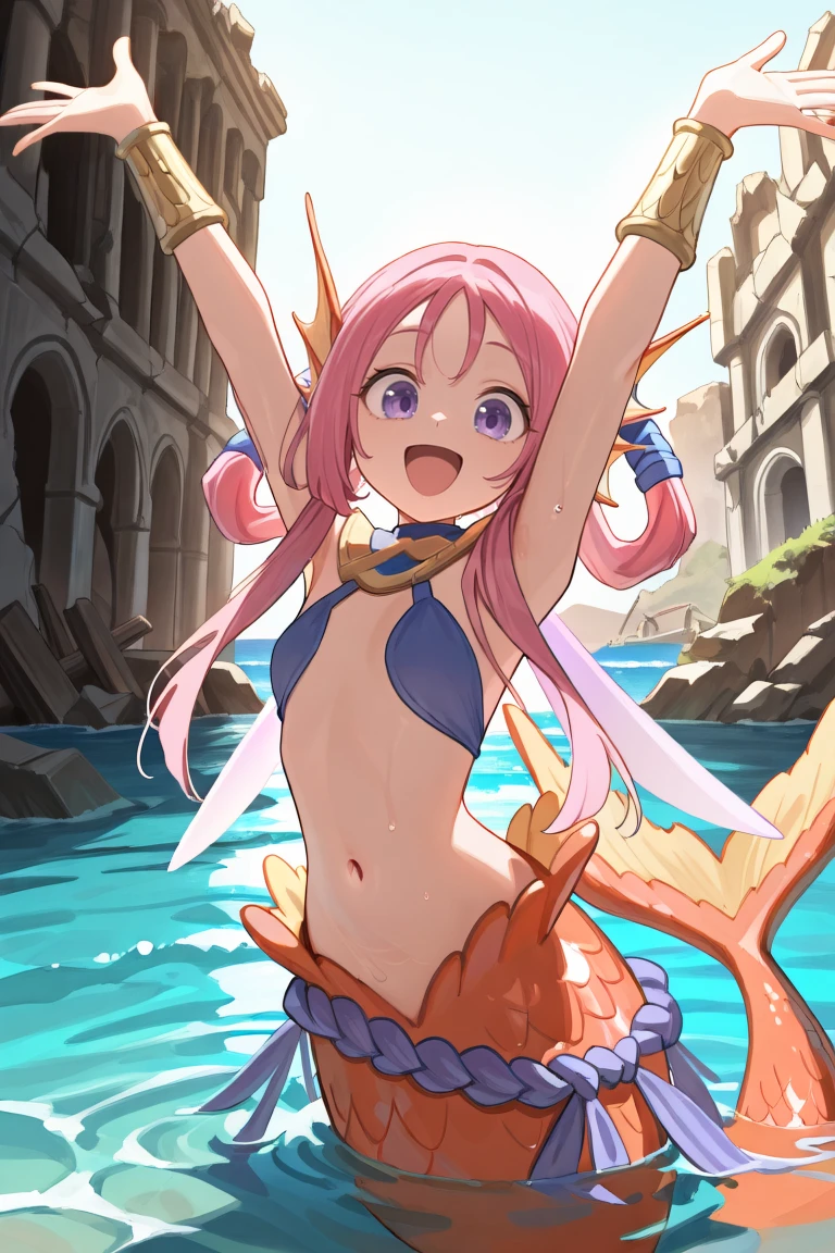 masterpiece, very aesthetic, absurdres, best quality, amazing quality, high resolution, <lora:illustrious_quality_modifiers_masterpieces_v1:0.8> , <lora:ChamIllustriousBackgroundEnhancer:0.5>, solo, <lora:NietzscheIL:0.8> , niedef, 1girl, hair rings, pink hair, long hair, sidelocks, purple eyes, monster girl, mermaid, fins, head fins, mermaid tail, orange scales, wings, bracer, jewelry, navel, halterneck, bridgeless bra, bikini top only, blue shimenawa, usekh collar, partially submerged, smile, looking at viewer, ruins, ocean, cheering, happy, arms up, open mouth,