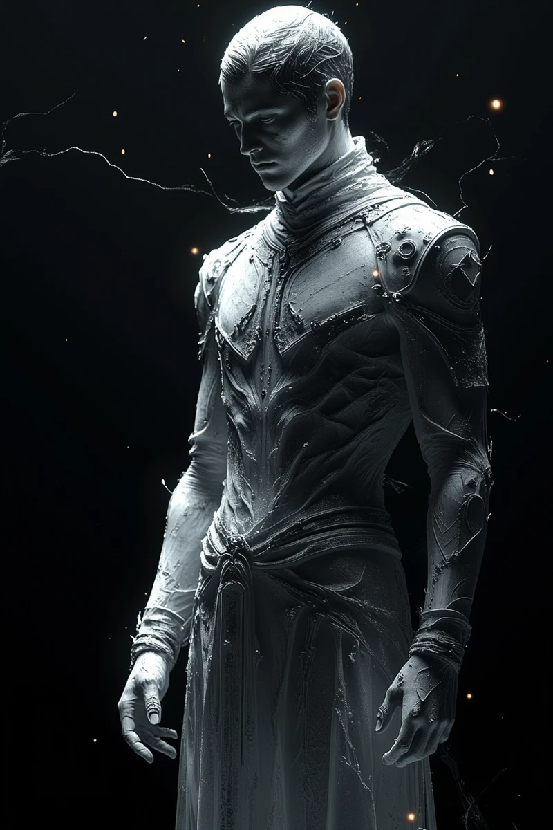 fg,A hauntingly beautiful phantom figure, with translucent skin that shimmers subtly in the dark. Light seems to pass through them, casting elongated shadows and soft glows, creating an otherworldly presence that captivates and terrifies in equal measure.