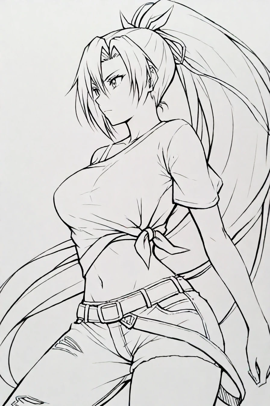 asymmetrical clothes, navel, very long hair, tied shirt, midriff, hair ribbon, single pantsleg, white shirt, ponytail, large breasts, jeans, white ribbon, belt,  asymmetrical legwear,  1girl, solo, alone,  <lora:lineart_style_illustriousXL:0.8>, lineart, monochrome, greyscale,masterpiece, highres,