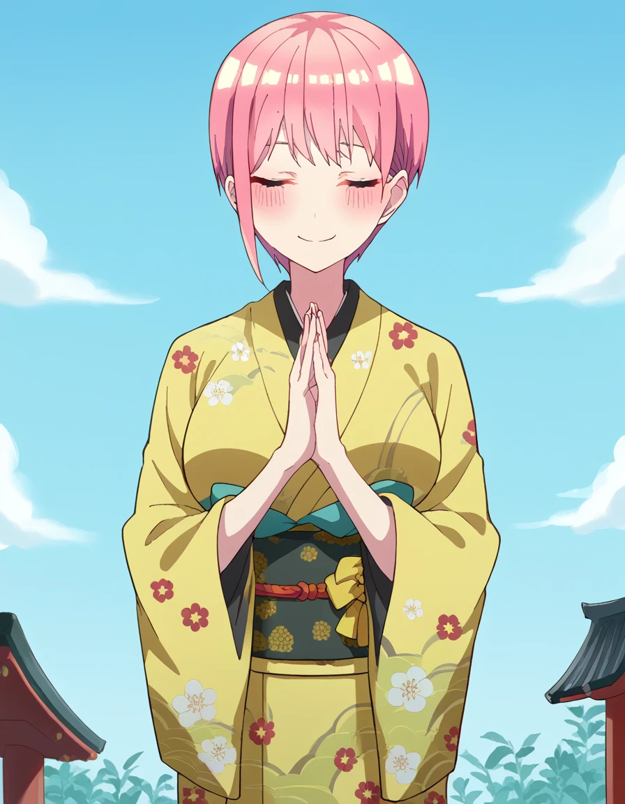 score_9, score_8_up, score_7_up, source_anime, <lora:ichika-nakano-s2-ponyxl-lora-nochekaiser:1>, ichika nakano, short hair, bangs, pink hair, pixie cut, large breasts, <lora:shrine-praying-ponyxl-lora-nochekaiser:1>, praying, japanese clothes, kimono, new year, obi, obiage, obijime, own hands clasped, own hands together, sash, shrine, wide sleeves, closed eyes, floral print,, blue sky, box, donation box, rope, shimenawa, shrine, tress ribbon, wind chime, smile, blush,, cowboy shot, solo