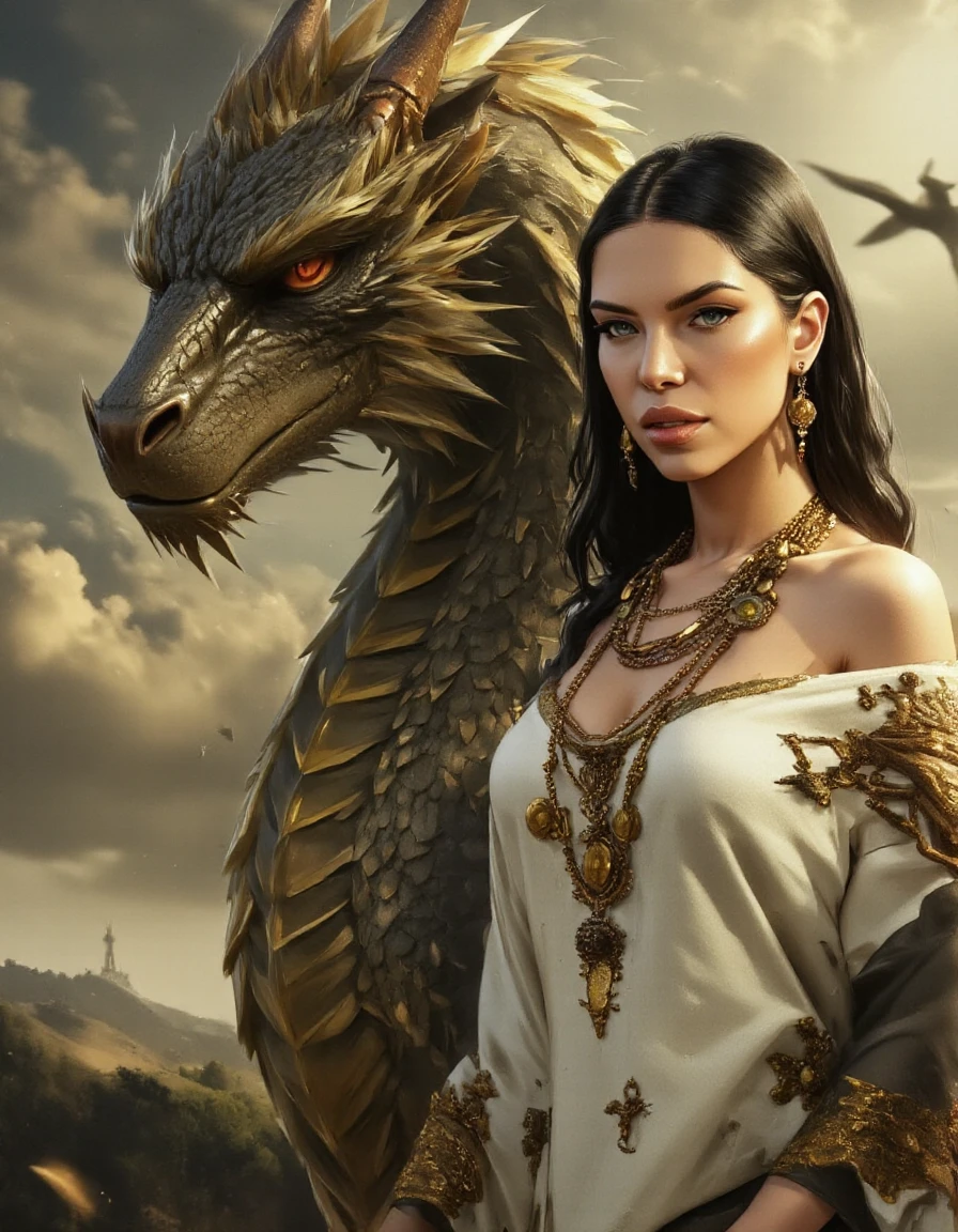 High quality professional digital art. depicting a fantastical mythic scene in Fanmytwor style.A woman,She has a slightly curvy figure with a noticeable bust. Esc_KiraQueen,<lora:Esc_KiraQueen:1.1>,
large,imposing dragon,(majestic dragon with golden horns, a gold underbelly and gold stripes. Gold eyes. Regal looking:1.5),The woman is positioned to the right,standing in a natural,outdoor setting with a patterns of swirling clouds in the heavenly light in the background. She has long,dark hair cascading down her back and is wearing a white,flowing blouse that exposes her shoulders. Around her neck,she has multiple layers of intricate,metallic jewelry,including large,circular pendants and intricate chains. Her expression is intense and serious,with her lips slightly parted. The dragon,positioned to the left,orange eyes. Its scales are meticulously detailed,showing a rough,textured surface that suggests strength and power. haze atmosphere,Light and shadow play,(3/4 view:1.4).,<lora:dragonv2:1>,<lora:Test_OS:0.8>,