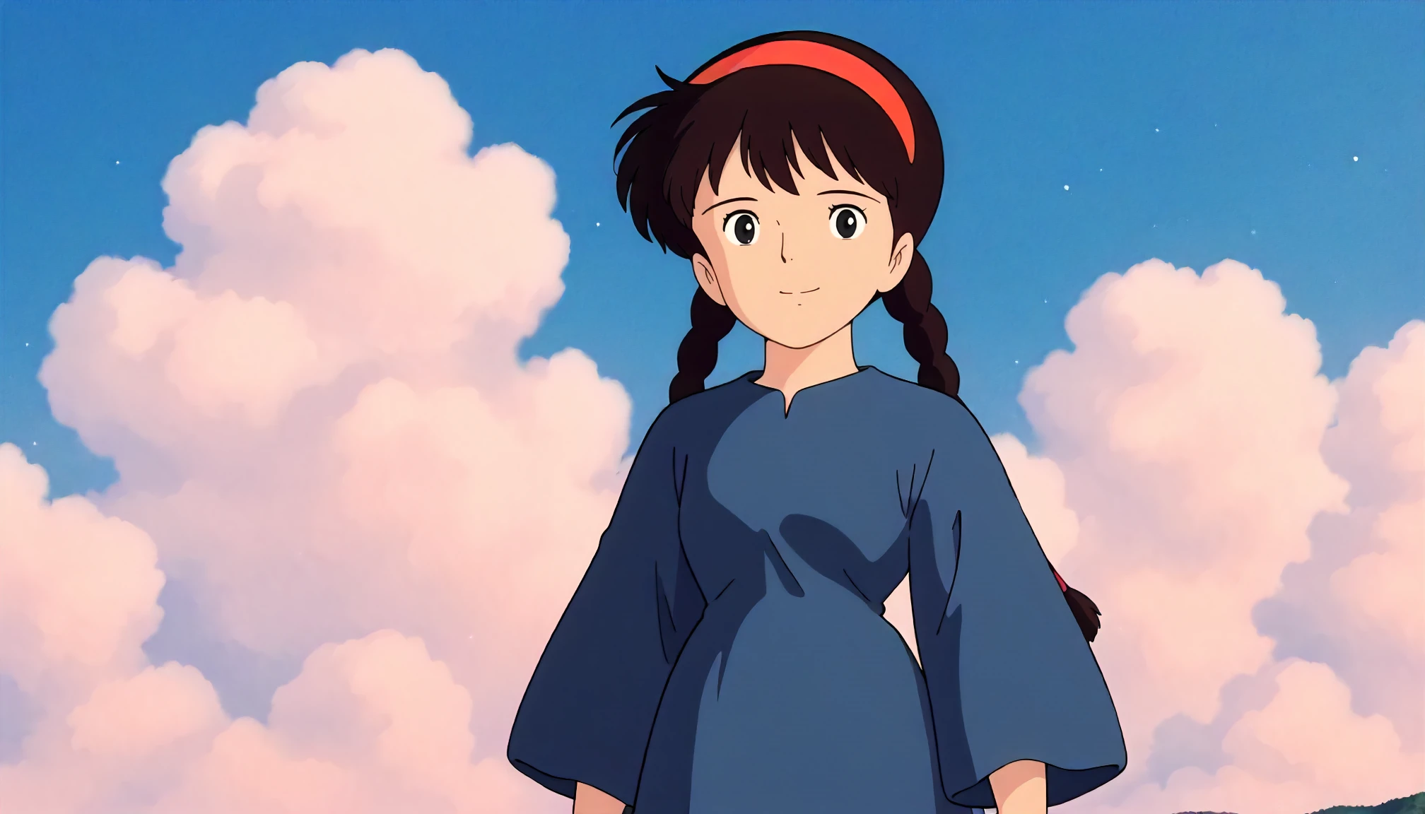 <lora:LCitS_sheetaXLIllustrious005>,
masterpiece,best quality,good quality,newest,
detailed background,blue sky,white cloud,glitter,
smile,
looking at viewer,
solo,
ghibli,anime coloring,retro artstyle,1990s \(style\),
sheeta\(tenkuu_no_shiro_laputa\),1girl,black brown hair,hairband,twin braids,black eyes,
blue dress,one-piece dress,long_sleeves,wide_sleeves,
standing,