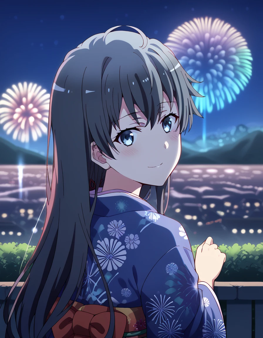 score_9, score_8_up, score_7_up, source_anime, <lora:yukino-yukinoshita-s2s3-ponyxl-lora-nochekaiser:1>, yukino yukinoshita, black hair, blue eyes, long hair,, <lora:aerial-fireworks-ponyxl-lora-nochekaiser:1>, aerial fireworks, blurry background, blush, smile, fireworks, from behind, looking at viewer, looking back, night, night sky, outdoors, sparkle,, japanese clothes, kimono, new year, obi, obiage, obijime, sash, wide sleeves, floral print, <lora:shaft-look-ponyxl-lora-nochekaiser:1>, shaft look, looking back, from behind, head tilt,, cowboy shot, solo, cityscape, mountainous horizon, night, outdoors,