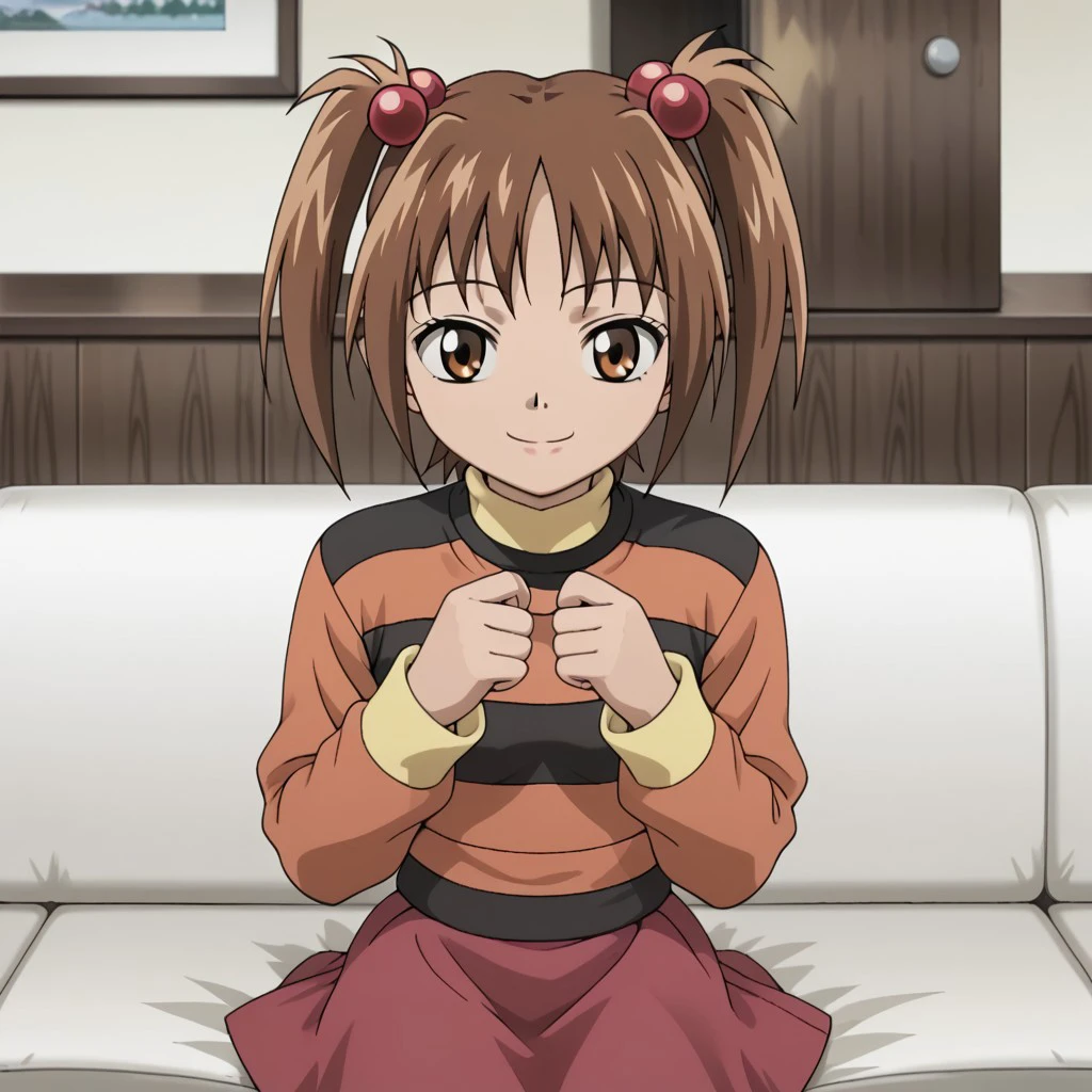 best quality, masterpiece, break, solo, shiori_mnh, brown hair, twintails, hair bobbles, long sleeves, skirt, sitting, sofa, smile,