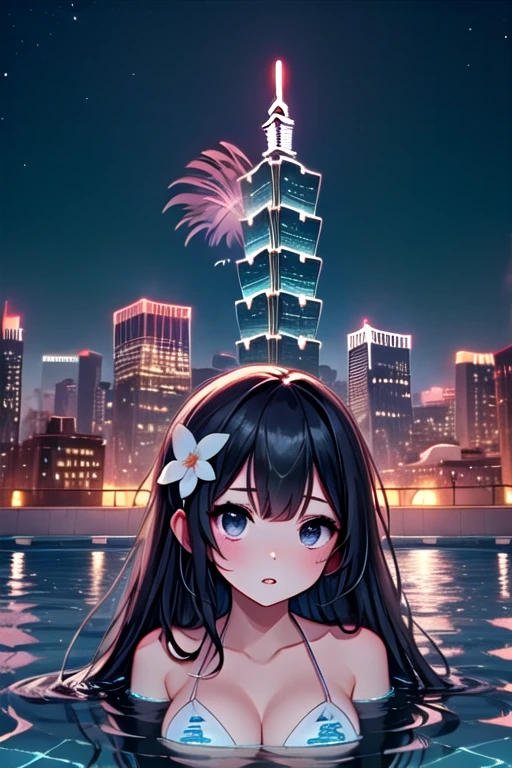 ((rooftop pool)), ((aerial fireworks)), taipei_101, skyscraper, 1girl, parted lips, slim figure, bikini, hair flower, partially submerged in water, city, sky, cityscape, skyline, horizon, night, night sky, city lights, scenery, outdoors, from below, <lora:girllikerooftoppool:0.9>
