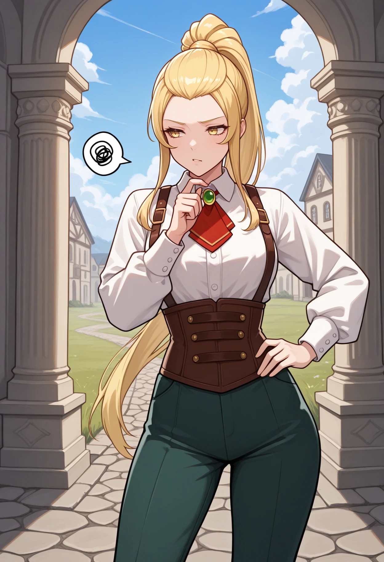 masterpiece, best quality, 1girl, finger to own chin, thinking, parted lips, spoken squiggle, hand on own hip, contrapposto, <lora:JadeFE-illu:1> csJade, blonde hair, long hair, high ponytail, sidelocks, yellow eyes, collared shirt, white shirt, long sleeves, green brooch, red ascot, suspenders, brown corset, green pants, column, sky, cloud, cobblestone, grass