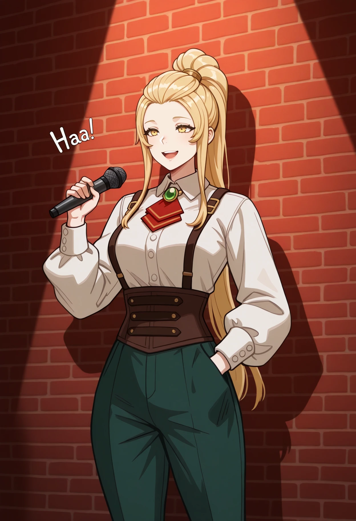 masterpiece, best quality, absurdres, 1girl, standing, holding microphone, hand in pocket, smile, open mouth, hahaha, hehehe, (sound effects:1.2), <lora:JadeFE-illu:1> csJade, blonde hair, long hair, high ponytail, sidelocks, yellow eyes, collared shirt, white shirt, long sleeves, green brooch, red ascot, suspenders, brown corset, green pants, brick wall, spotlight