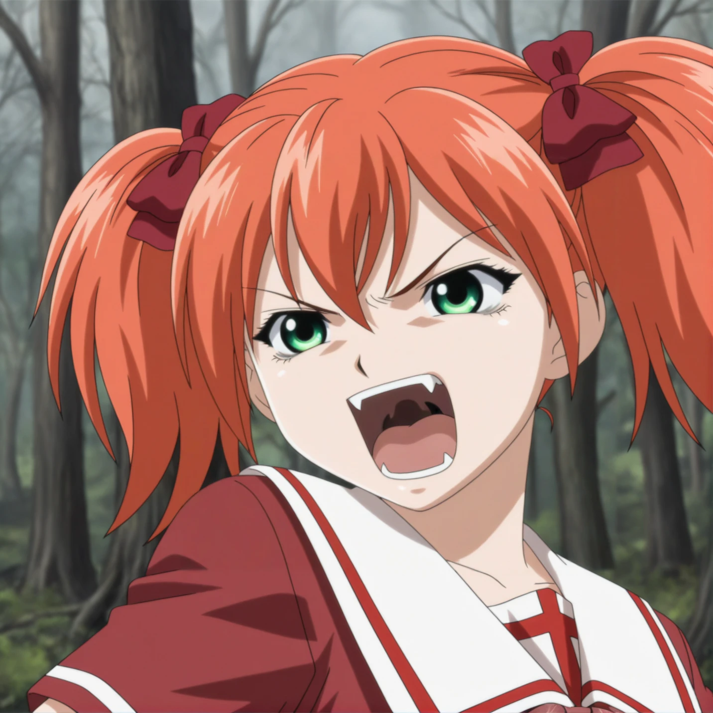 masterpiece, best quality, amazing quality, very aesthetic, absurdres, shuzen_kokoa, 1girl, solo, serafuku, hair bow, green eyes, smug, [fangs],forest, bare tree, angry, furious, mad, smug <lora:kokoa_v1:0.95>