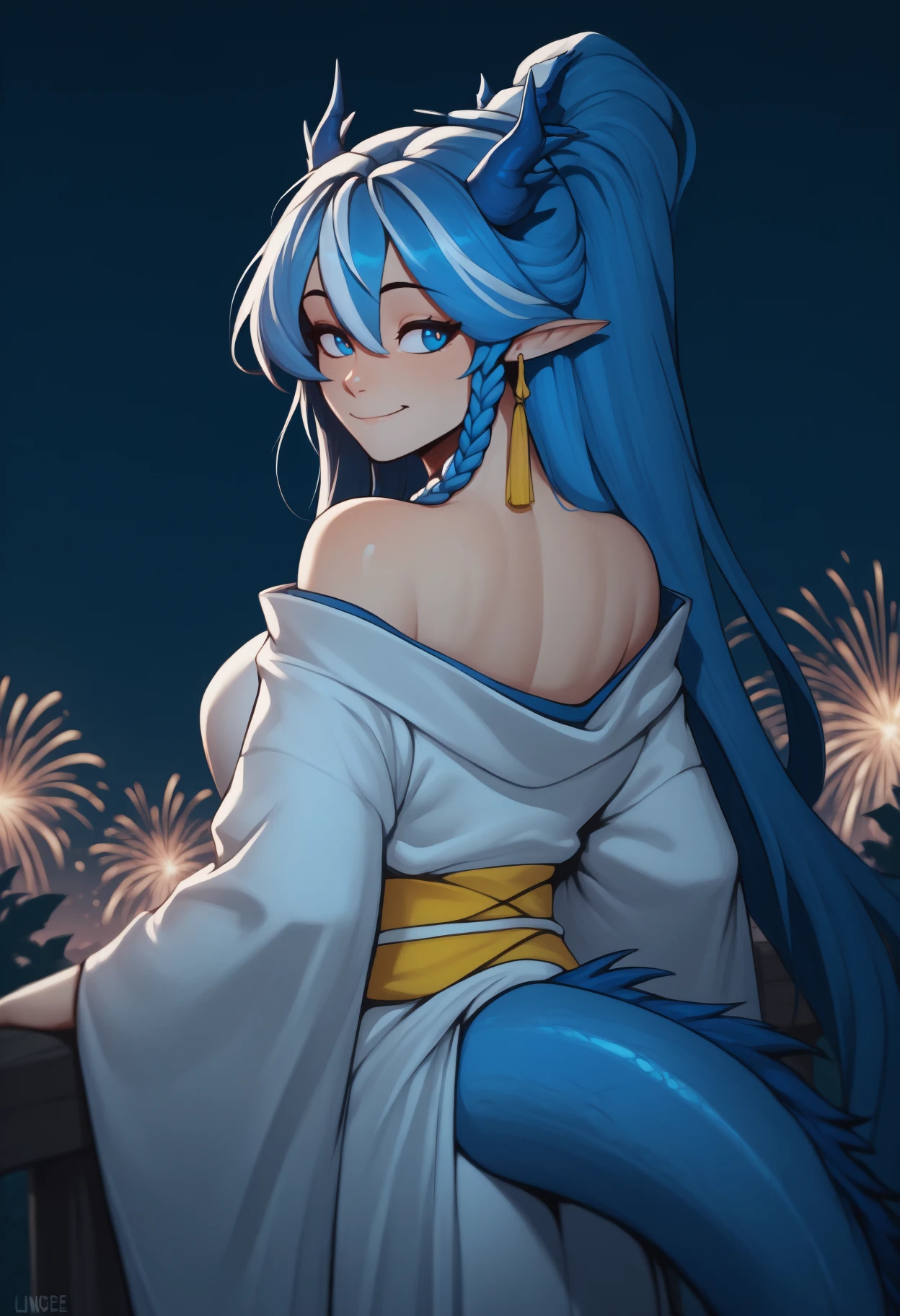 anime, masterpiece, best quality, from behind, solo, 1girl, l1ngdef, dragon tail, smile, looking back, streaked hair, blue hair, white hair, hair between eyes, braid, high ponytail, blue horns, dragon horns, pointy ears, blue eyes, japanese clothes, white kimono, off shoulder, yellow sash, tassel earrings, bare shoulders, outdoors, night, fireworks
<segment:yolo-Anzhc Face seg 640 v2 y8n.pt,0.4,0.5//cid=1>