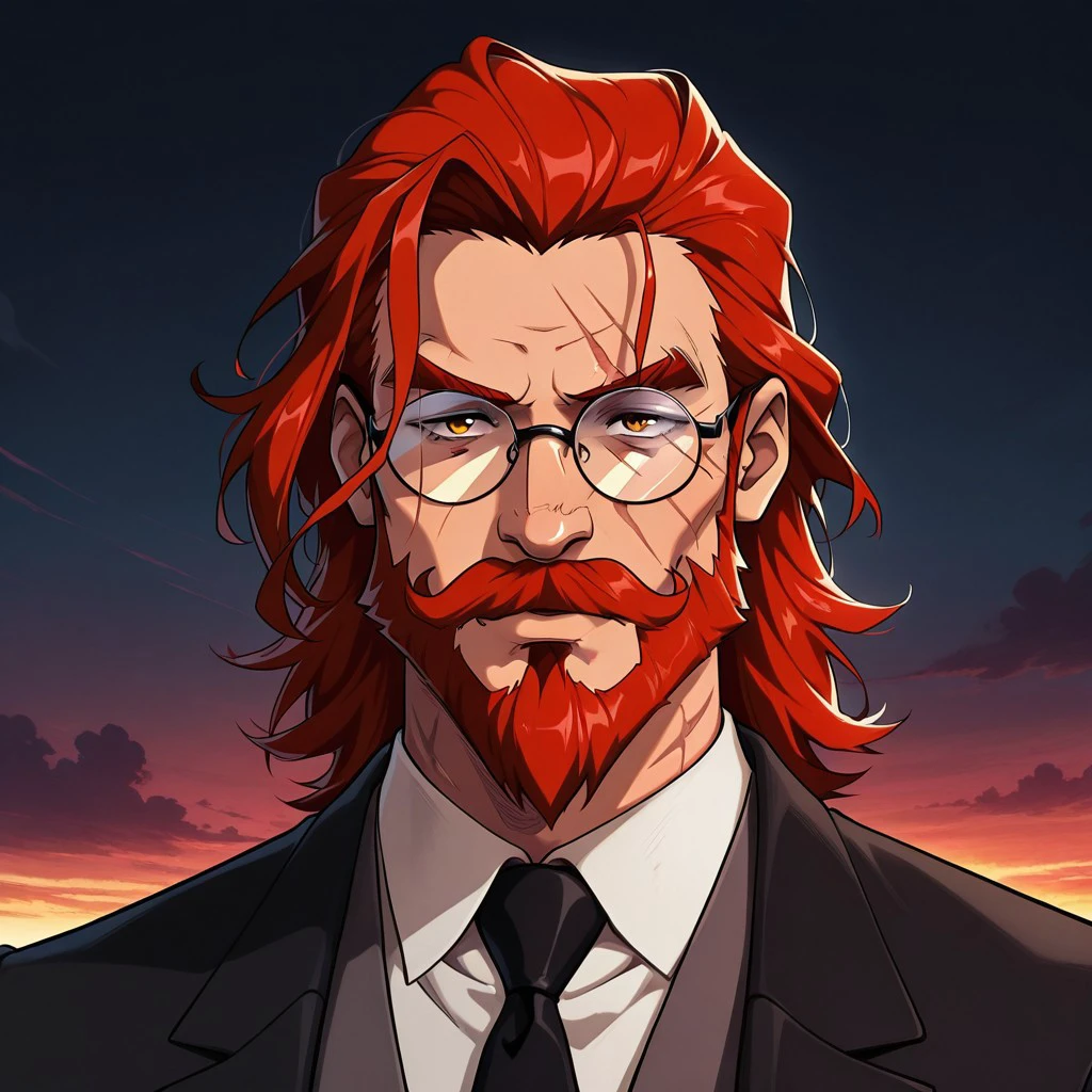 masterpiece, best quality, newest, absurdres, highres, 
anime, anime style, BetterScarsIL-v1.0, scar, 1boy, glasses, red hair, suit, round glasses, beard, facial hair, mustache, scar, scars on face