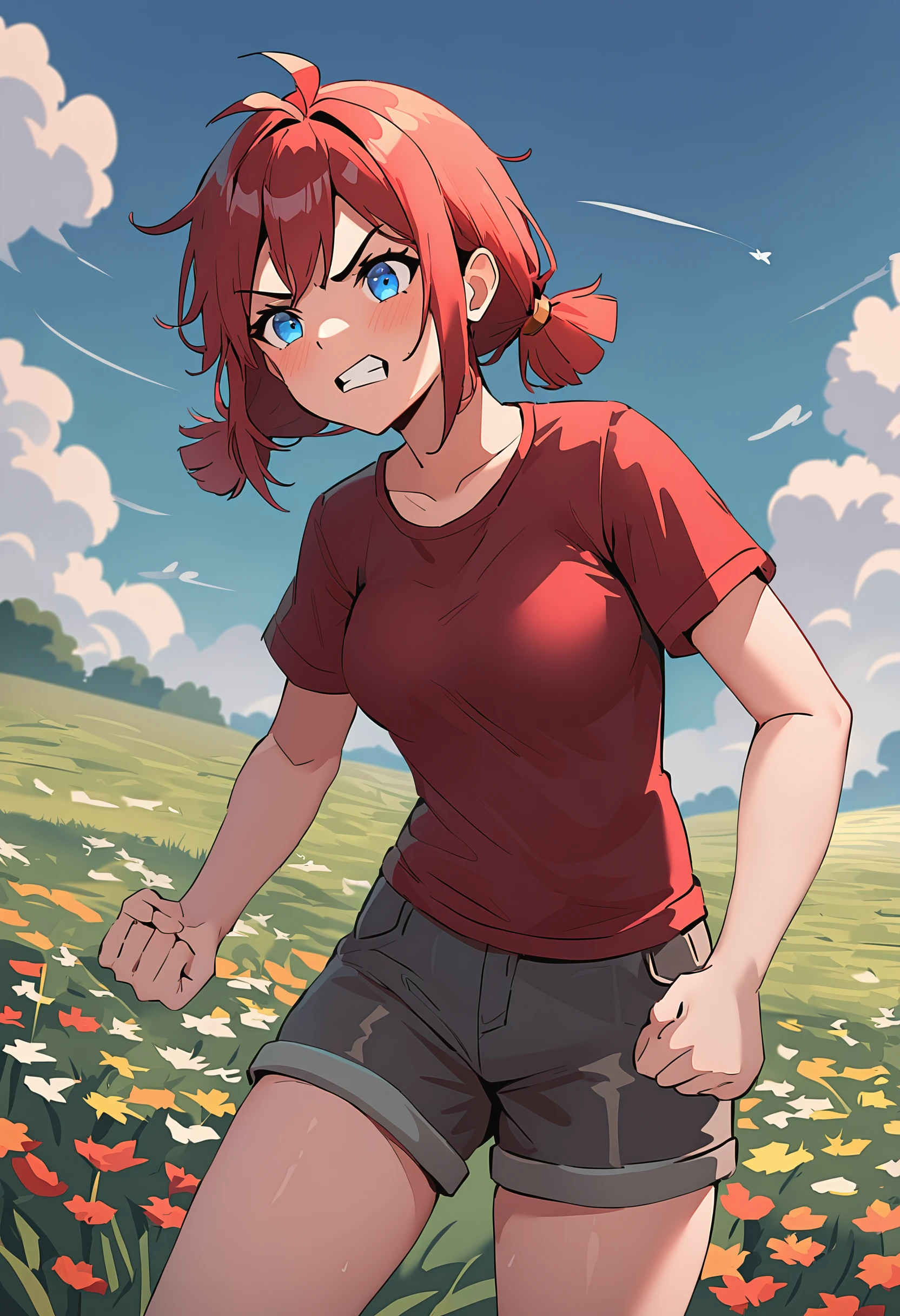 masterpiece, best quality,  ,

1girl, us, red hair, blue eyes, medium hair, low twintails, medium breasts, 

red shirt, shorts, angry,
 
standing, posing, grass, wind, summer, sky, clouds, flower field,  
 
 