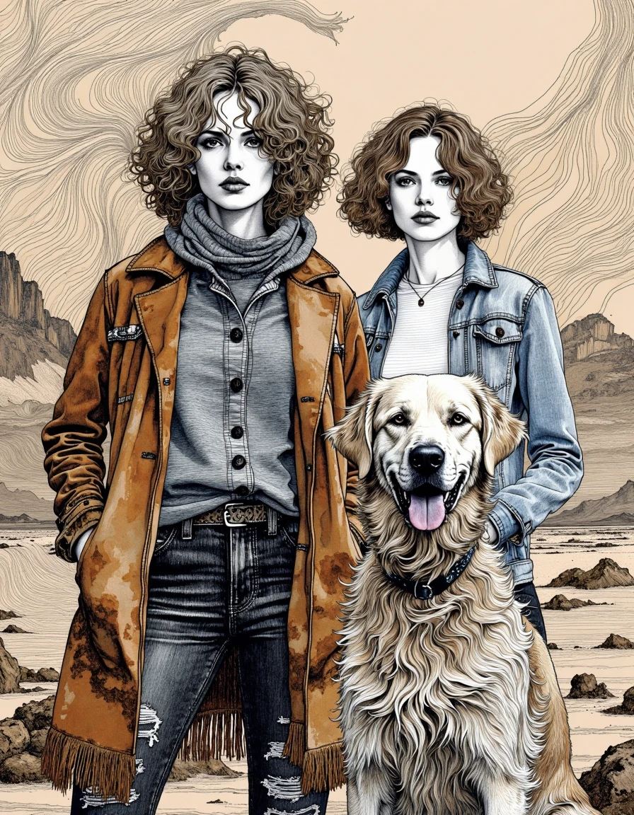 This image is a detailed, highly stylized drawing in a digital medium. It features three subjects: two women and a dog. The two women stand side by side, with the dog positioned in front of them. Both women have curly, shoulder-length hair. The woman on the left is wearing a long, fringed, brown suede coat over a grey, button-up shirt with a high collar. Her pants are dark and have a rugged, distressed look. The woman on the right is dressed in a light blue denim jacket over a white top. She also wears dark pants. Both women have a serious, composed expression.
The dog, a large, light-colored breed with a thick, fluffy coat, stands with its tongue out and ears perked, looking directly at the viewer. The background is a stylized, abstract representation of a desert landscape with swirling patterns of sand and rocks in shades of beige and brown. The drawing uses a combination of fine lines and shading to create depth and texture, particularly in the clothing and hair. The overall style is reminiscent of contemporary fashion illustration, blending realism with a touch of surrealism. <lora:Illustration_Style_IV-3:1>