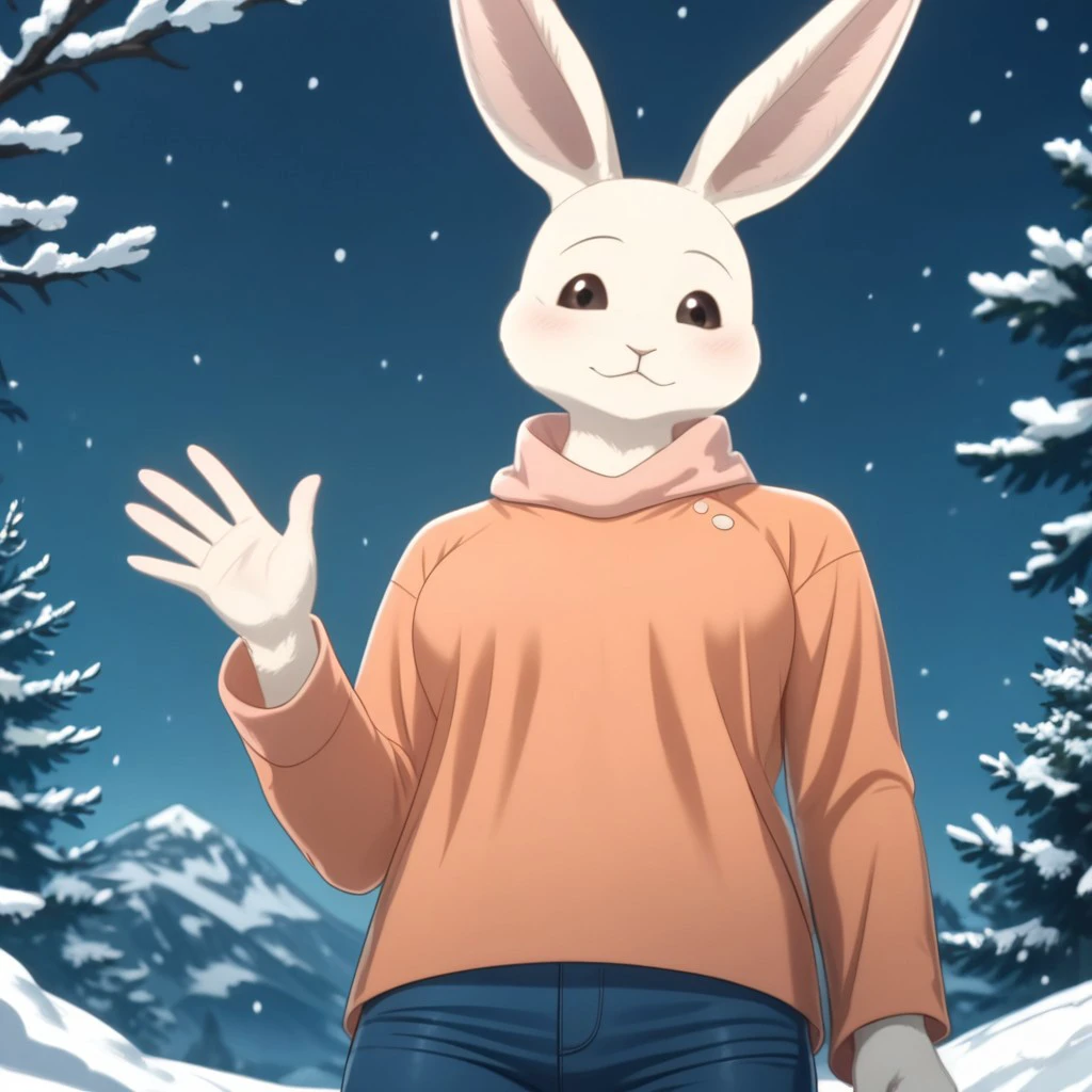 score_9, score_8_up, score_7_up, Expressiveh, masterpiece, best quality, highly detailed, realistic,  1girl, solo, (HaruS3, furry, anthro, lagomorph, female rabbit, pink inner ear, black eyebrows, thin eyebrows, brown sclera, black eyes, glistening eyes, white body, white fur, clothed, orange shirt, orange topwear, blue pants, three-quarter portrait), front view, looking at viewer, blushing, smile, closed mouth, (snow, blue sky, snowing, detailed background), low-angle view, (ultra realistic, 32k, masterpiece:1.2), (high detailed skin:1.1), (high quality:1.1), bokeh, luminescent background, (waving), 5 fingers