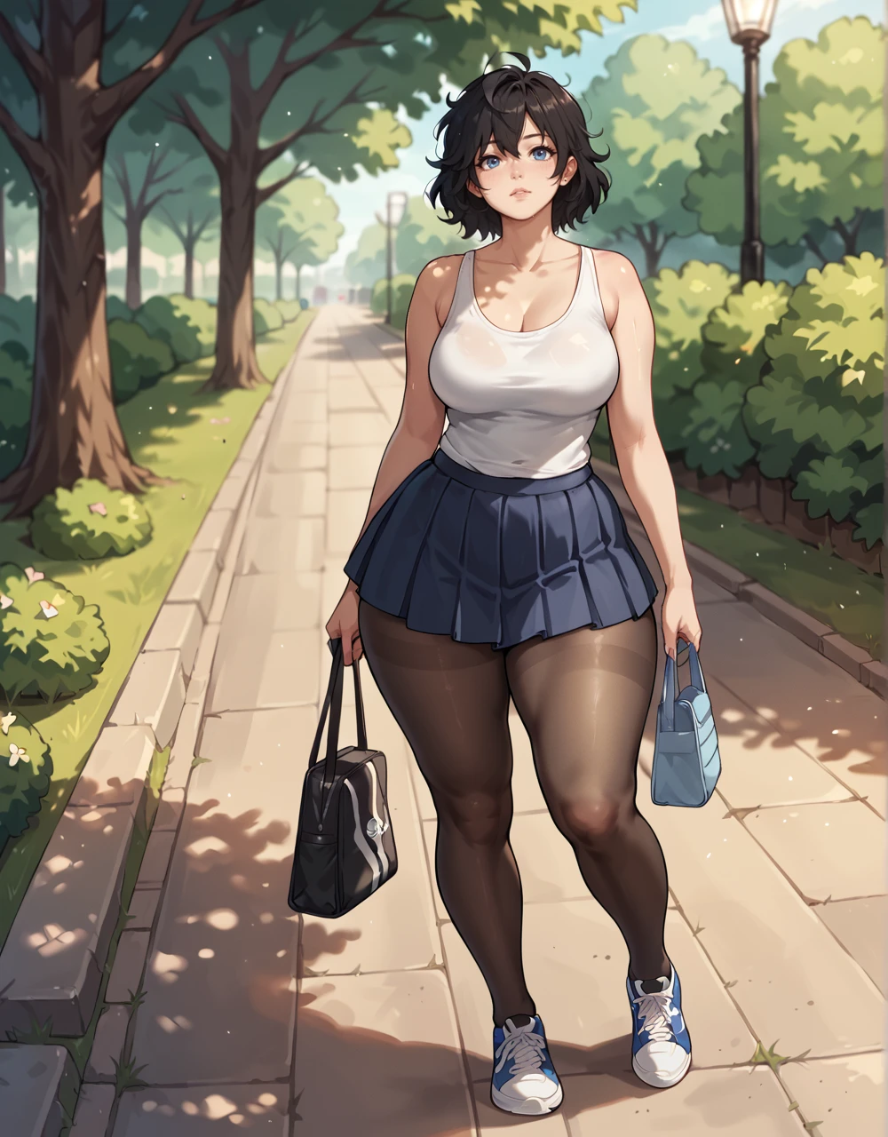 score_8_up, score_7_up, score_6_up,
1futa, futanari, medium hair, black hair, messy hair, blue eyes, tank top, pleated skirt, black and white skirt, pantyhose, sneakers, park, curvy, round thighs, soft thighs,  <lora:fix_hands:1>  <lora:WideHipsPony:0.6>